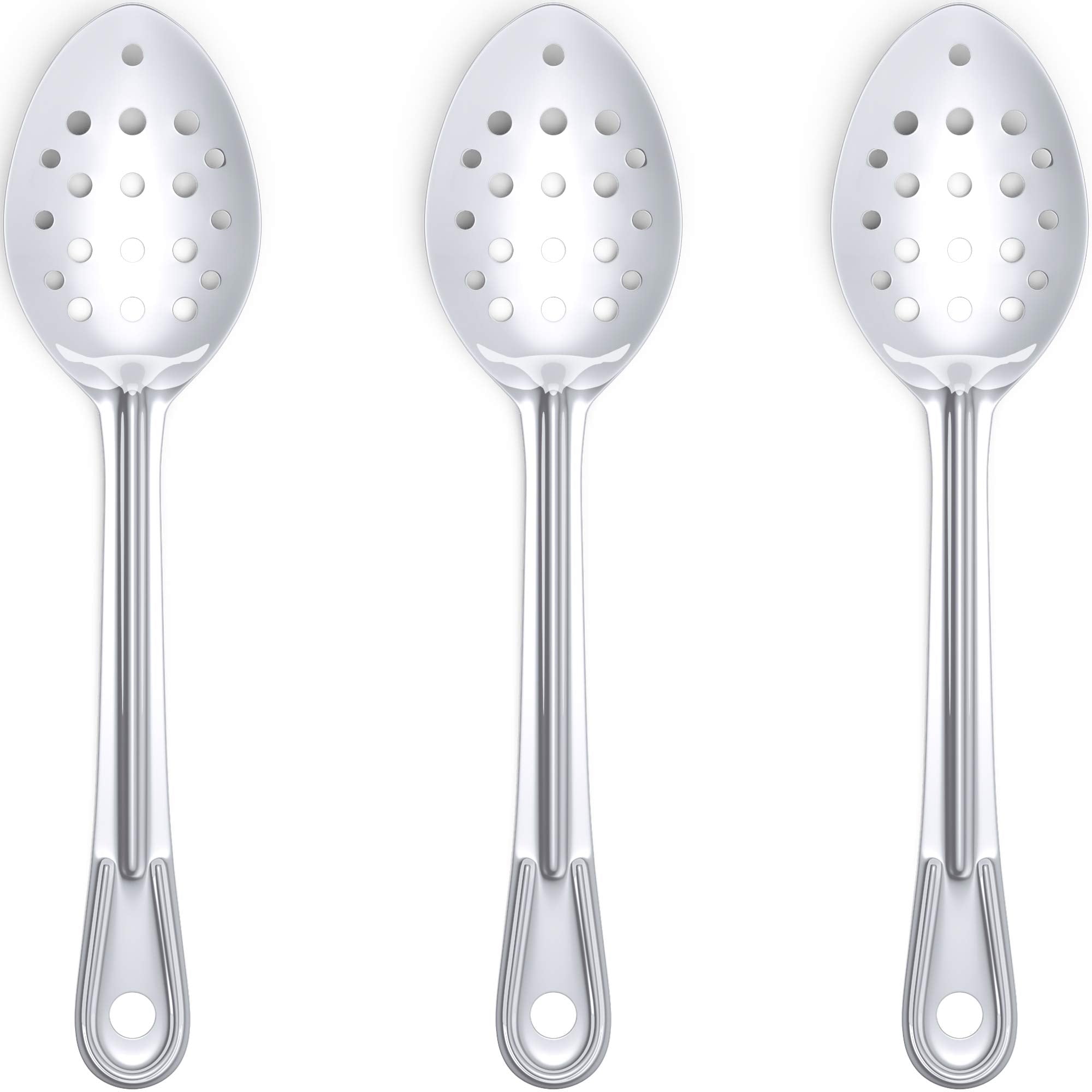 Super Strong, Ergonomic 11 In Serving Spoon 3 Pk Big, Perforated Stainless Steel Spoons For Cooking, Baking And Basting Best Kit