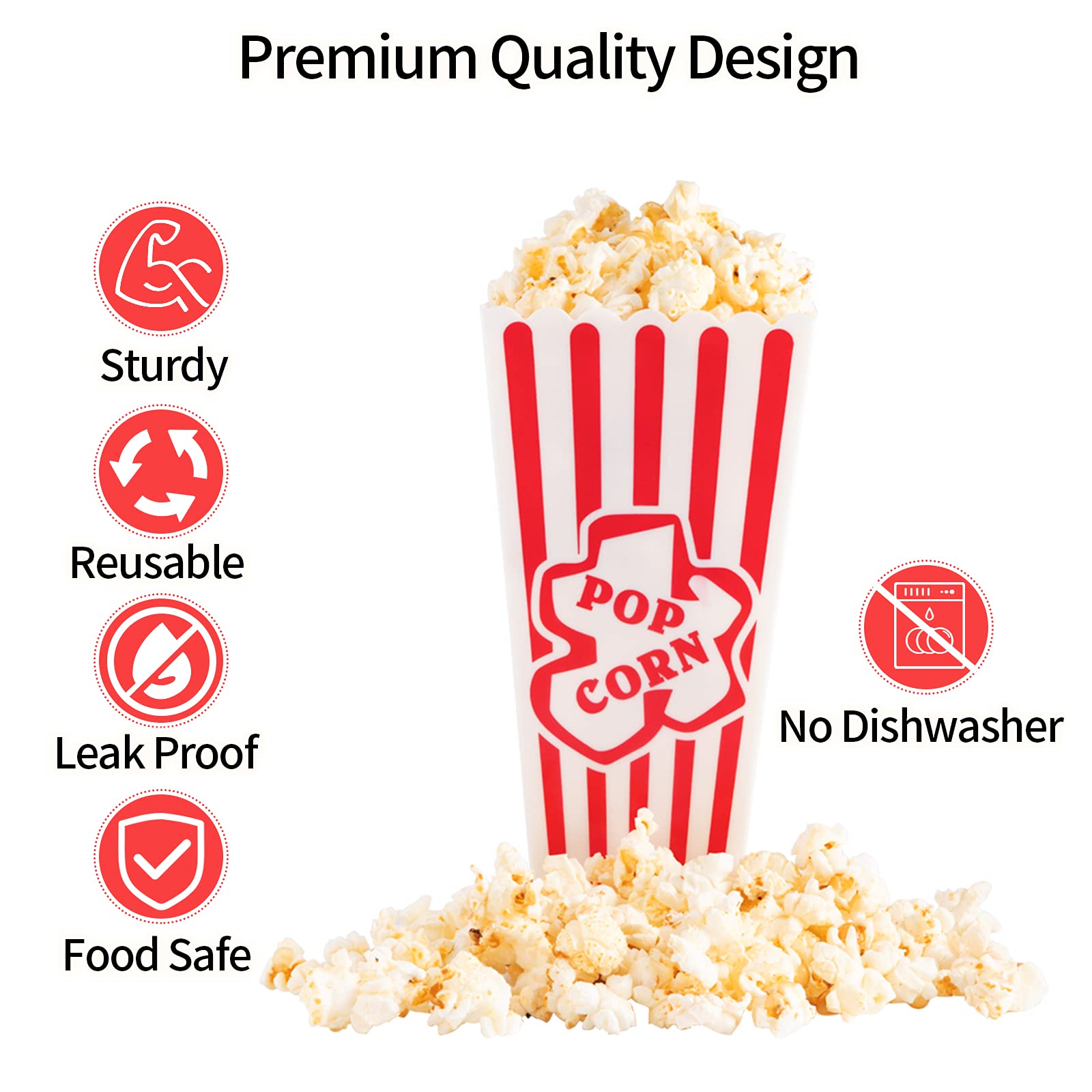 Plastic Popcorn Containers Red & White Striped Retro Style Reusable Popcorn Boxes for Movie Night 4   x8    - 6 Pack