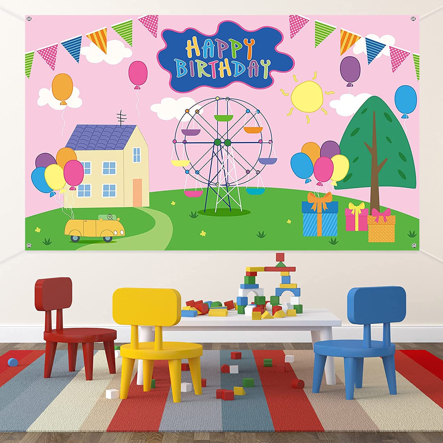 Happy Birthday Backdrop Colorful Cartoon House Sky Flag Car Photography Background Cartoon Pink Pig Theme Banner for Baby Shower