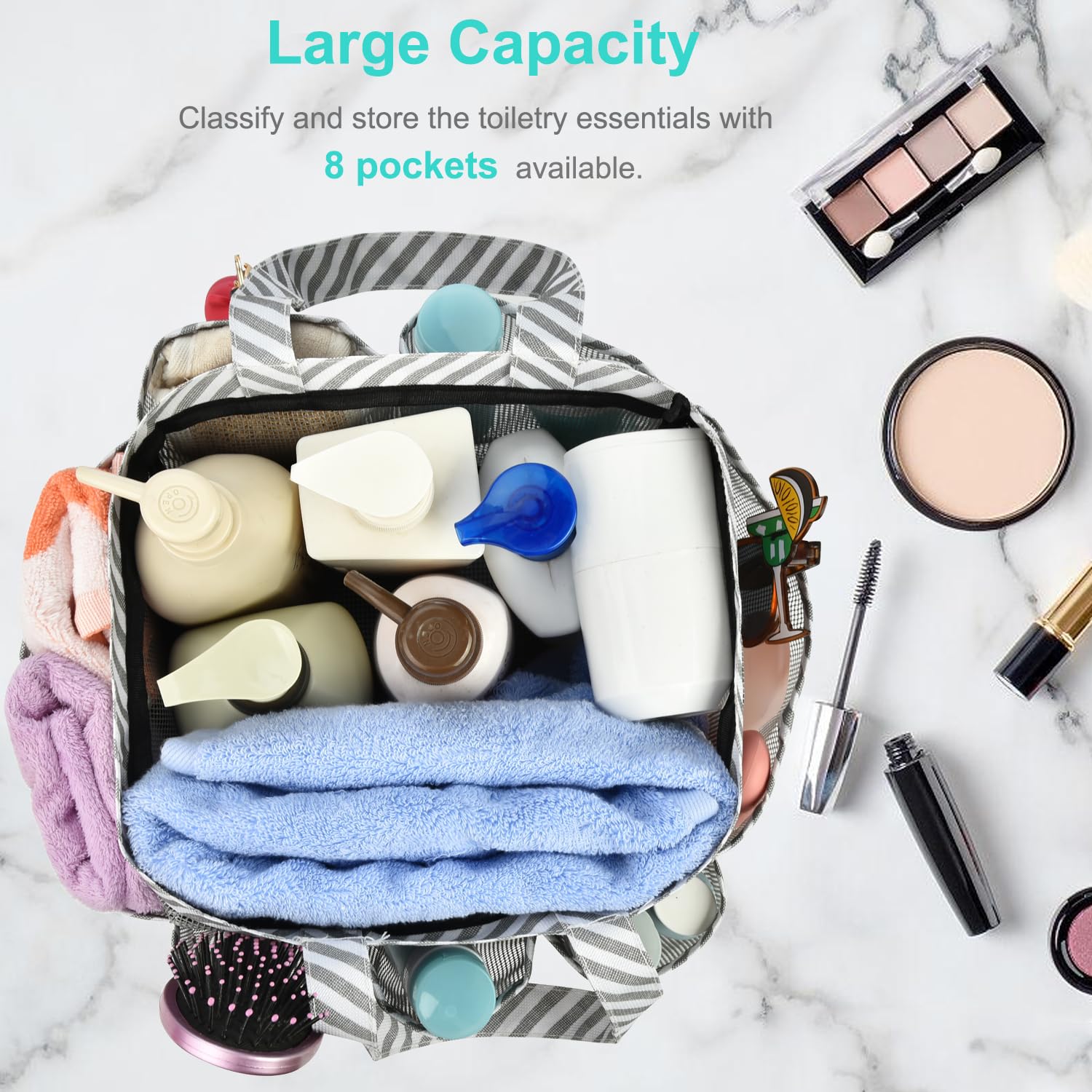 Haundry Mesh Shower Caddy Tote  Portable Shower Caddy Bag with 8 Pockets for College Dorm Room Essentials  Beach  Swimming  Gym
