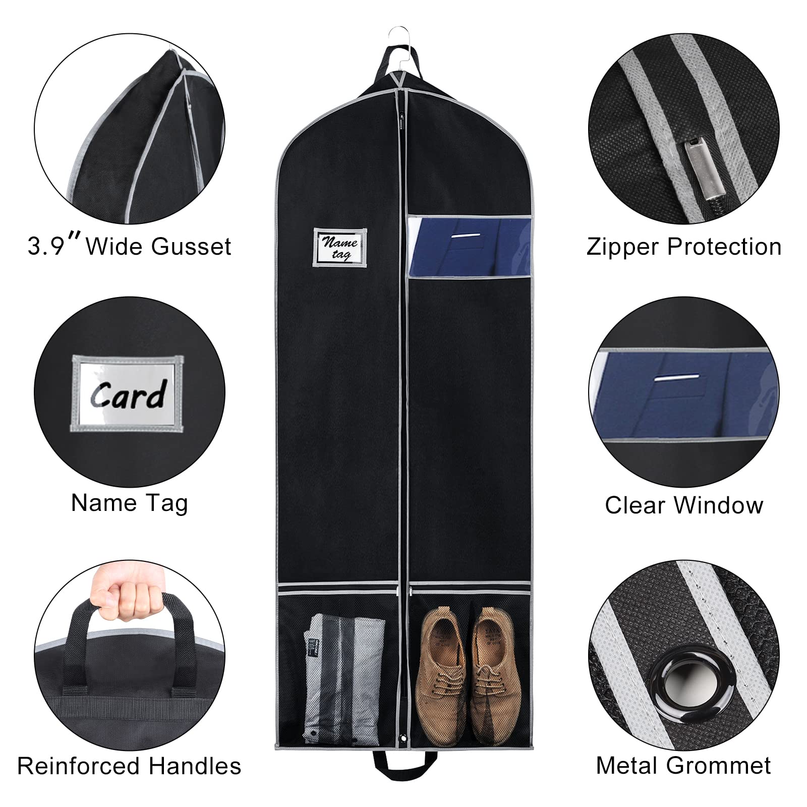 Zilink Long Dress Garment Bags For Travel 60'' Dress Suit Cover For Storage With 2 Large Mesh Pockets And A Pvc Card Holder, Bla