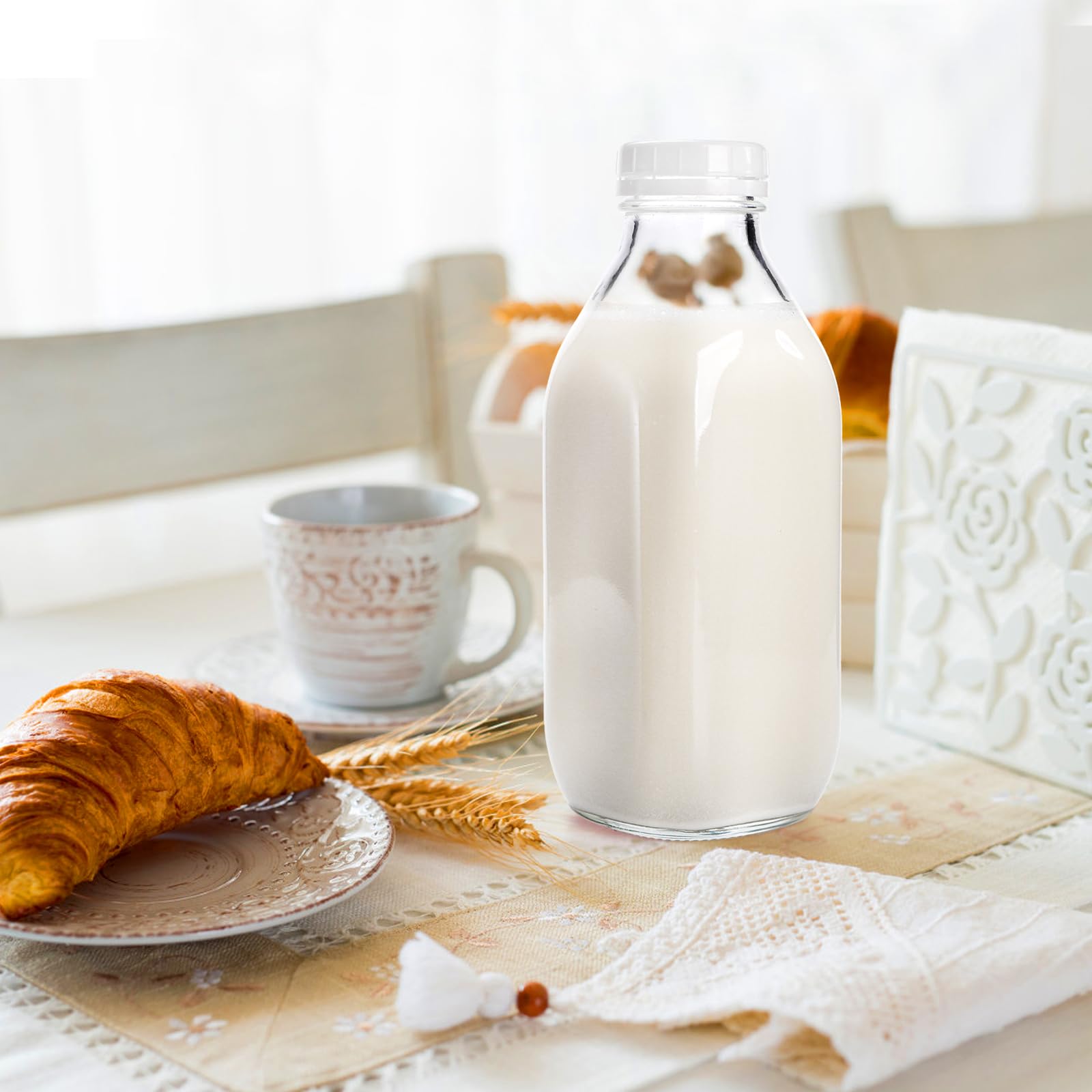 Bekith 6 Pack Liter Glass Milk Bottles with Airtight Screw Lid, 32 Oz Glass Juice Bottles, Reusable Glass Beverage Drinking Jar