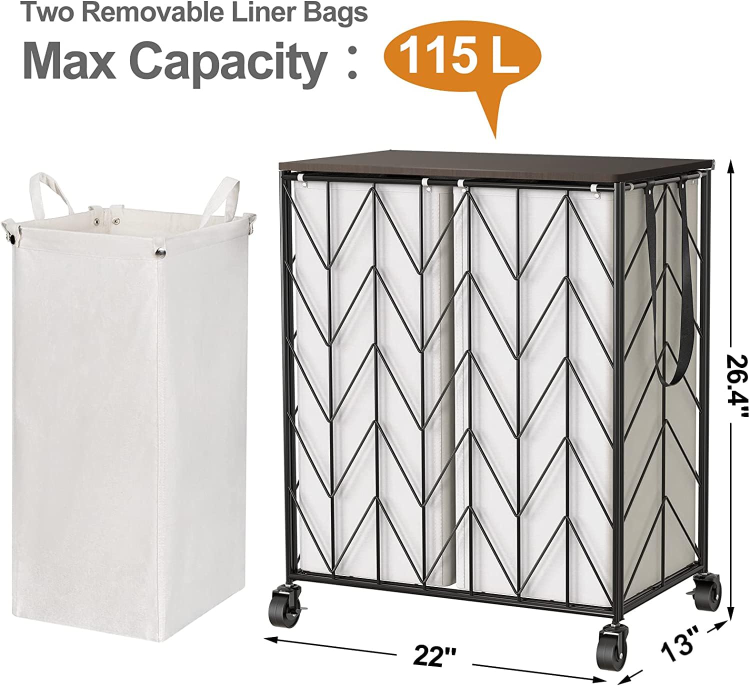 WOWLIVE Laundry Basket with Wheels  Heavy Duty Laundry Hamper with Wood Lid  Clothes Hamper with Divided Removable Liner Bag  Large Capacity Iron-Made Laundry Sorter Laundry Room Organization (Beige)