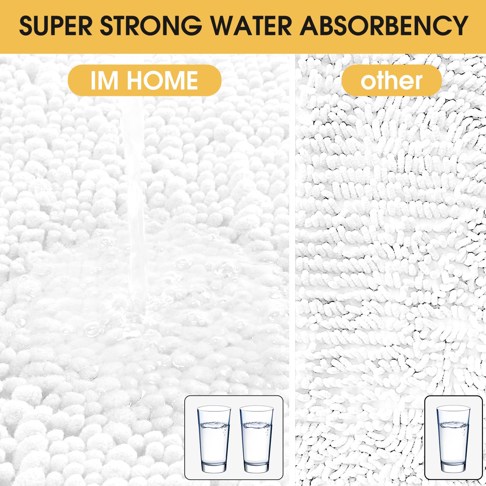 Accumtek Upgrade Extra Large White Bathroom Rug Set 3 Pieces Ultra Soft, Thick Absorbent Bath Mats, Non Slip Chenille Toilet Mat