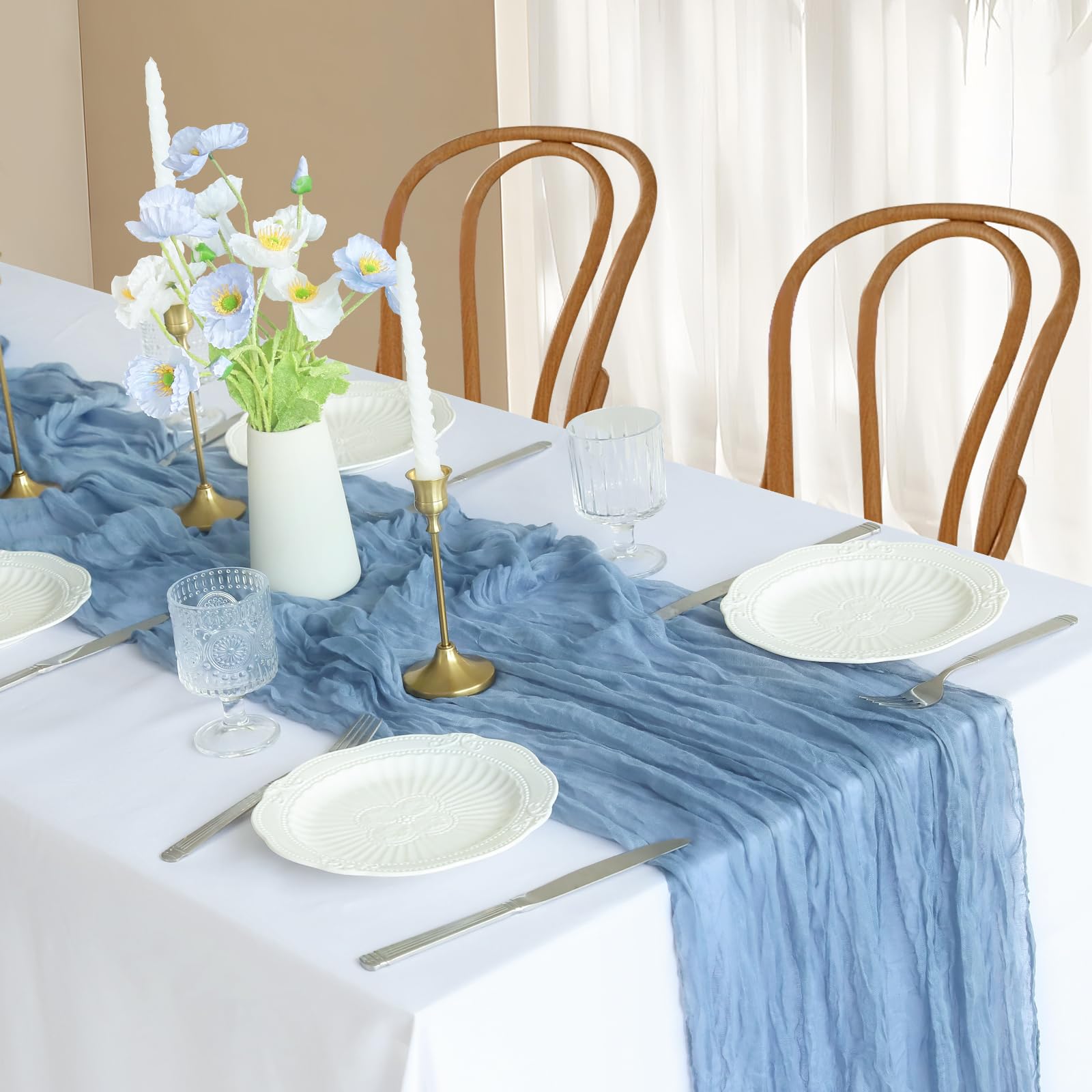 Blue Table Runner, 10FT Dust Blue Cheesecloth Table Runners 35*120inch Boho Gauze Tablecloth for Wedding Bridal Shower Baby Show