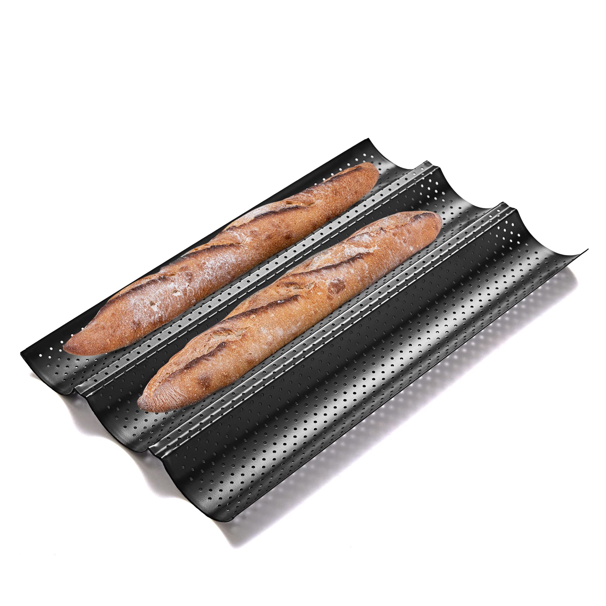 Kitessensu Nonstick Baguette Pans For French Bread Baking, Perforated 3 Loaves Baguettes Bakery Tray, 15 '' X 9 '', Black