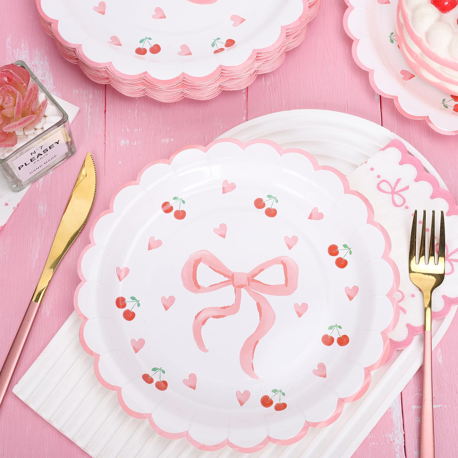 Whaline 40Pcs Pink Scalloped Bow Valentine'S Day Paper Plates 9 Inch Disposable Plates Bow Theme Party Dinner Plates For Wedding