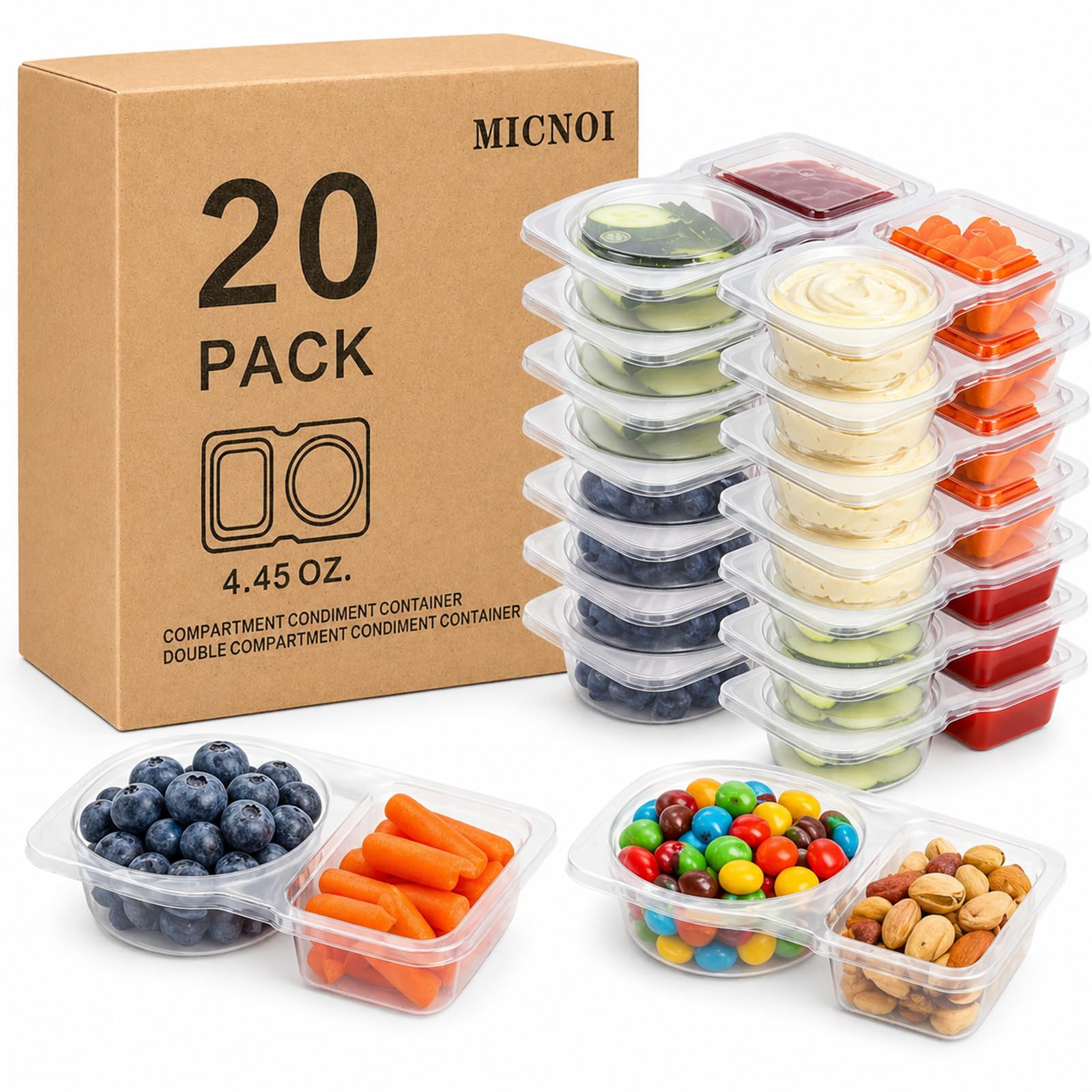 MICNOI Snack Pack Containers, Reusable 2 Compartment Condiment Containers with Lids, Ideal for OntheGo Mini Sauce Boxes & Snac