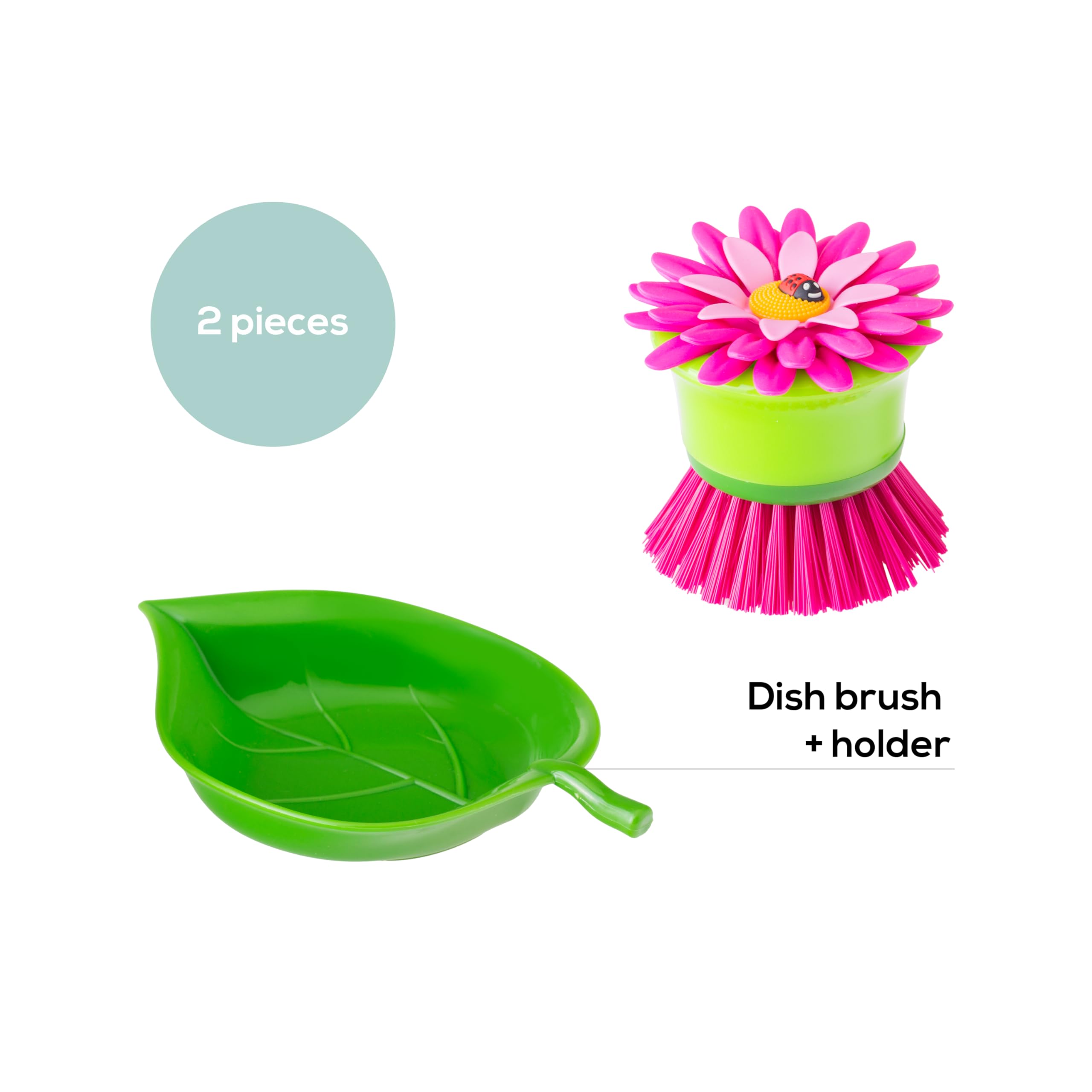 Vigar Flower Power Pink Palm Dish Brush With Holder, 5-3/4-Inches By 3-3/4-Inches, Pink, Green