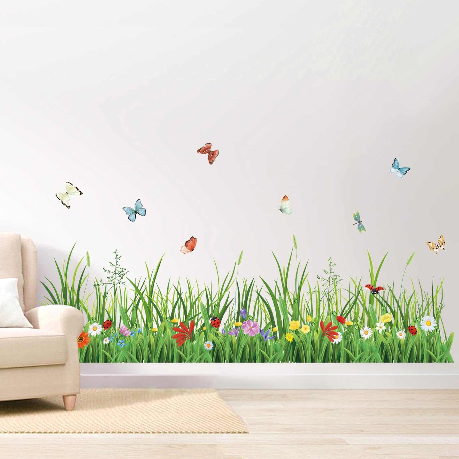 Wondever Green Grass Wall Corner Stickers Flowers Butterflies Baseboard Skirting Line Wall Decals For Bedroom Living Room (W:52