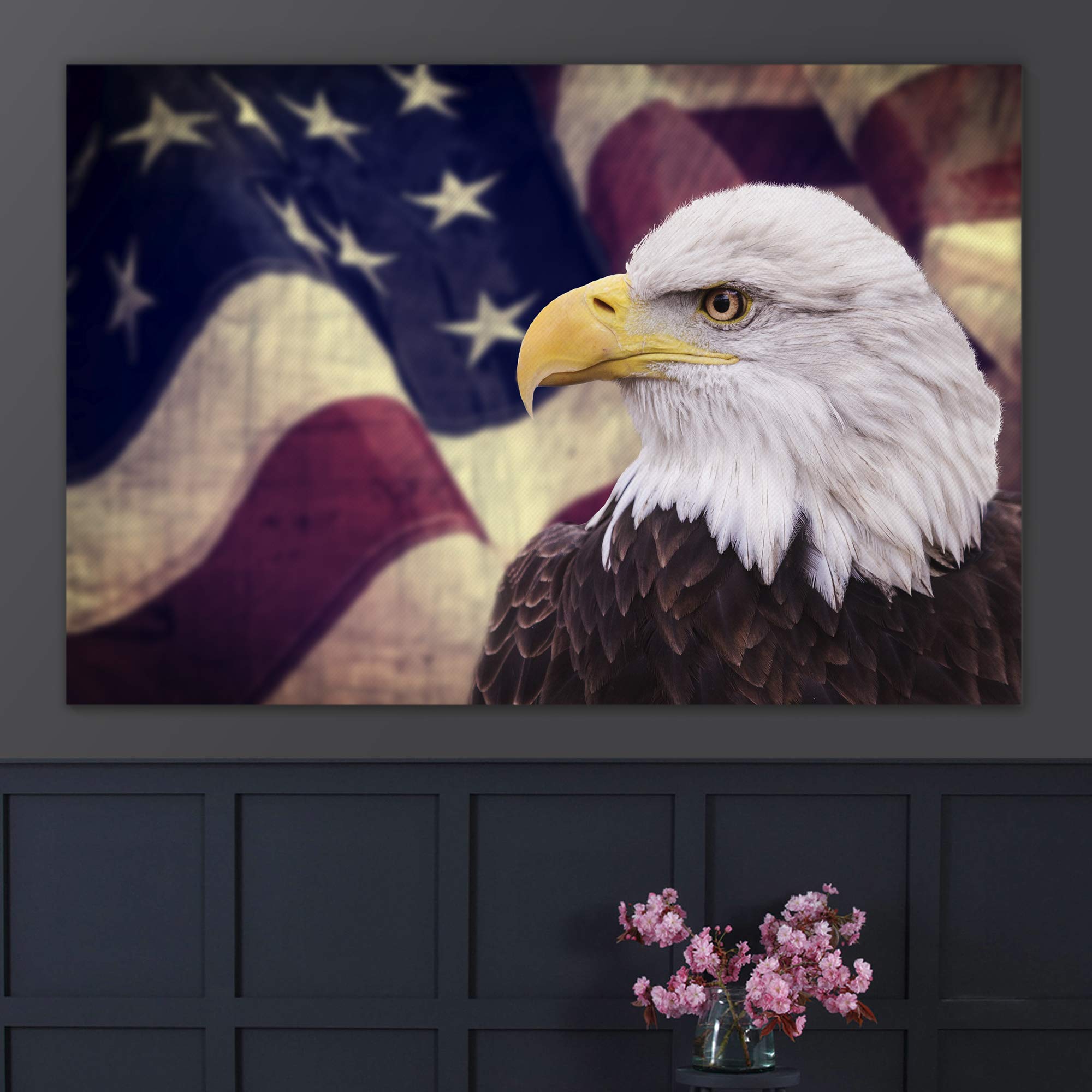 Wall26 Canvas Prints Wall Art - Bald Eagle With The American Flag |Patriotic Theme Modern Wall Decor/Home Art Stretched Gallery