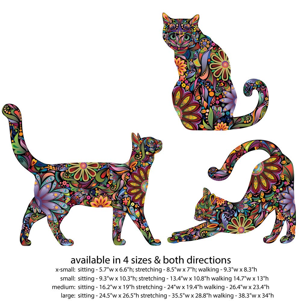 Cat Wall Sticker Trio - Set Of 3 Stickers - Repositionable Cat Wall Decals In Flower Pattern (As Shown, M)