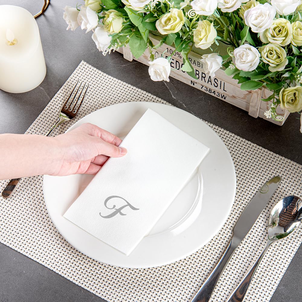 Luxenap 15.8 X 7.9 Inch Linen-Feel Guest Towels, 50 Lettered Hand Towels - Silver Letter 'F', Cursive Font, White Paper Dinner N