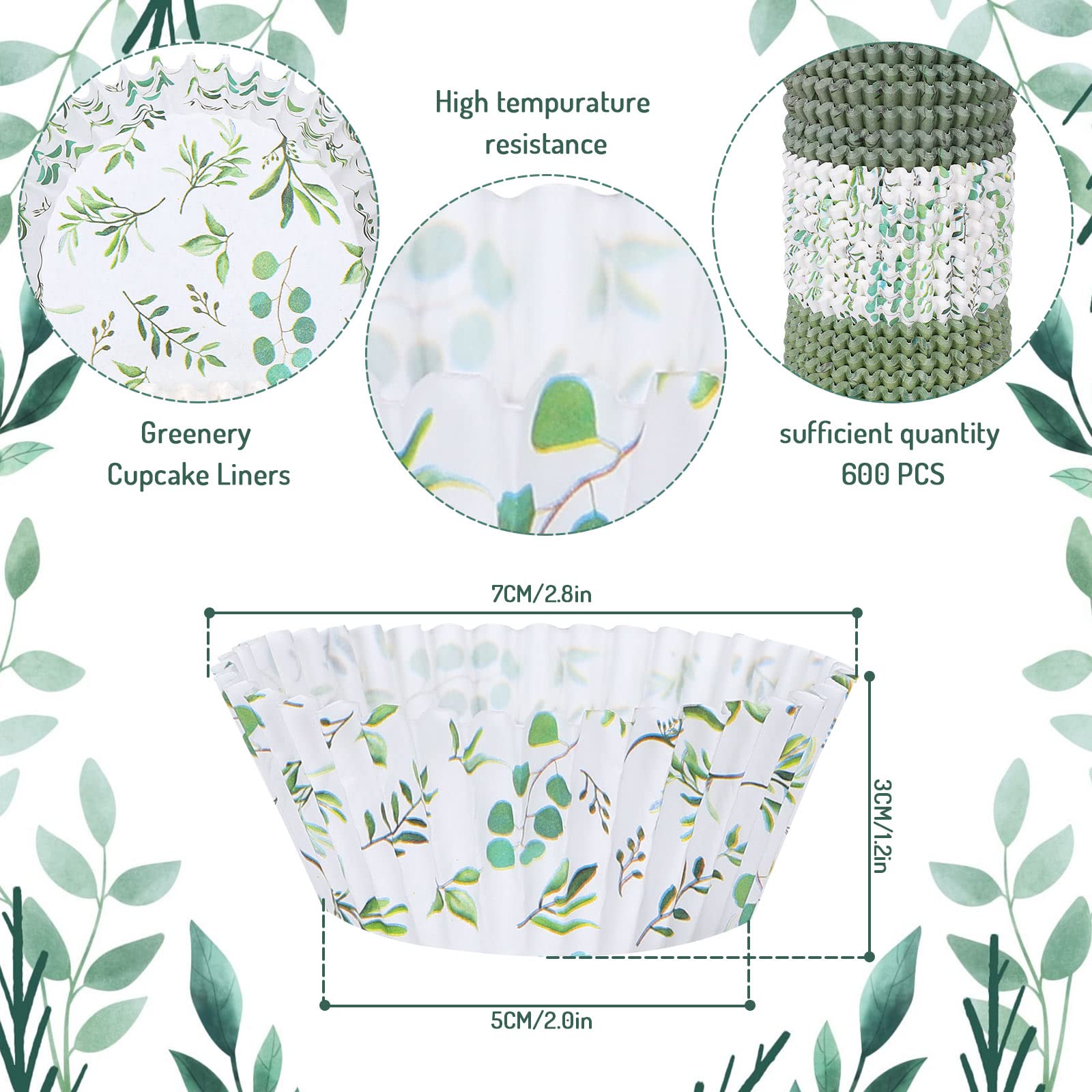 Whaline 600Pcs Greenery Cupcake Liners Eucalyptus Olive Leaf Baking Cups Sage Green Wedding Cupcake Wrappers For Baby Shower Wed