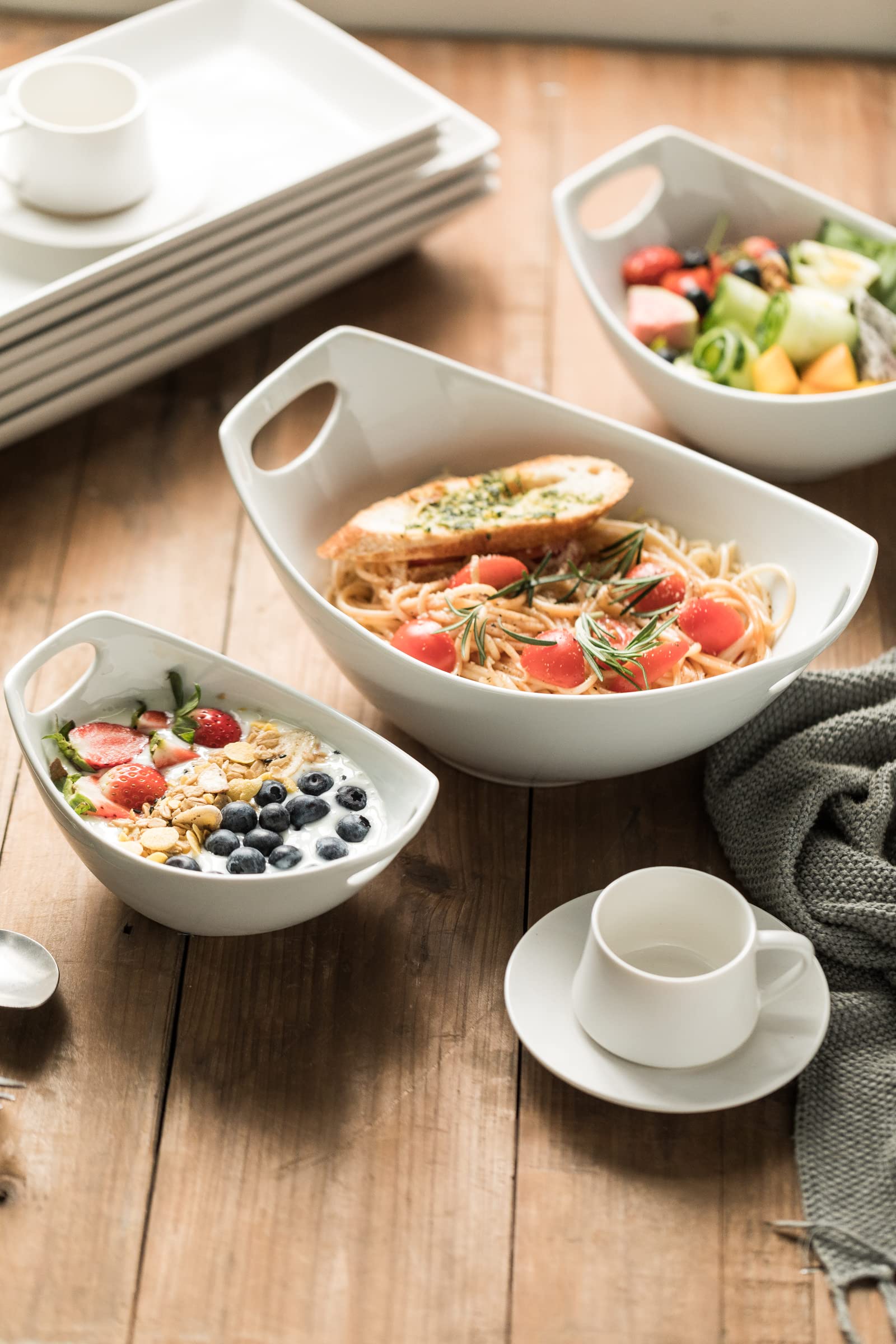 Gomakren Serving Bowls With Handles, Serving Dishes, Porcelain Salad Bowls Mixing Bowl For Entertaining, Nesting Bowl Set Of 3,