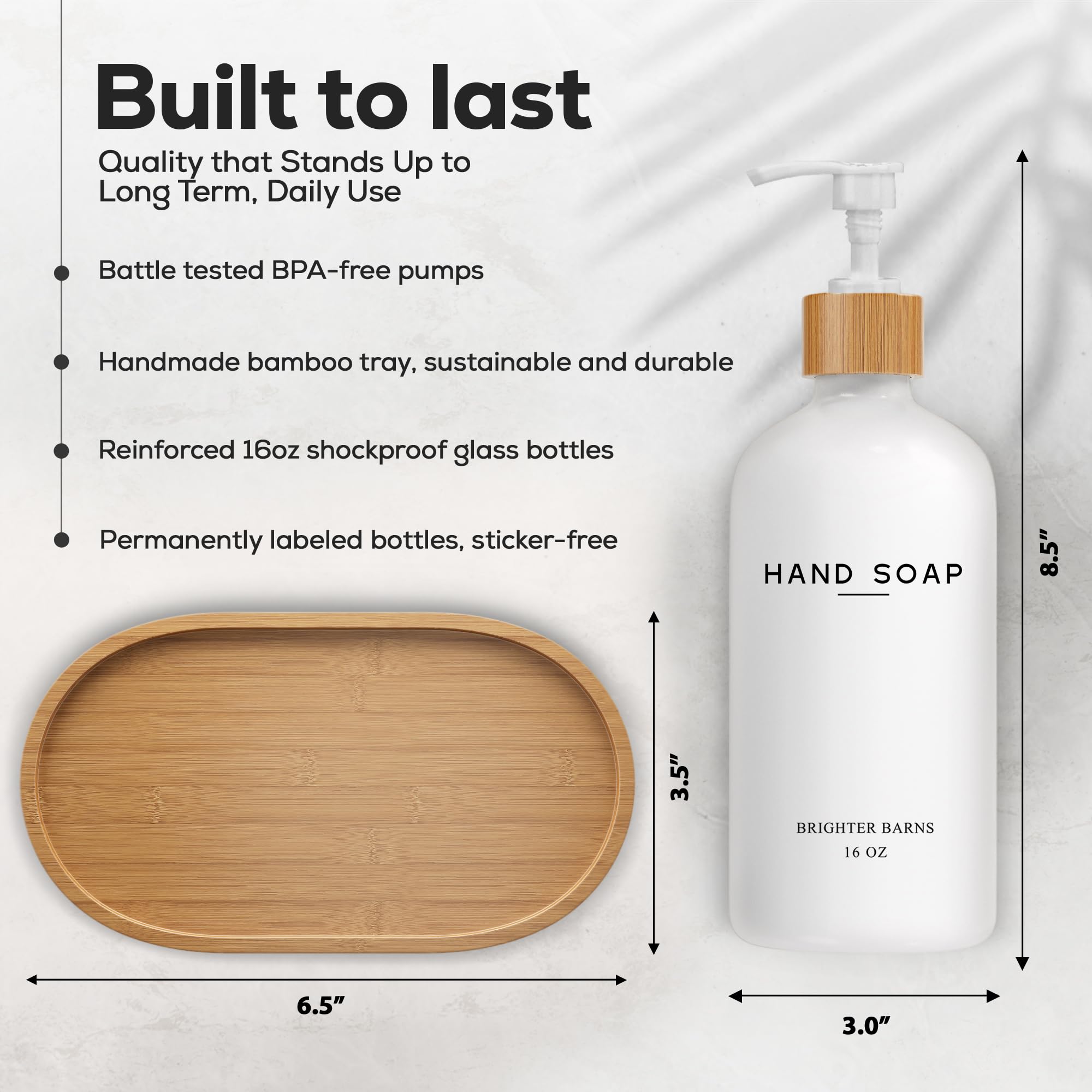 White Glass Soap And Lotion Dispenser Set With Tray By Brighter Barns - Hand Soap Dispenser Bathroom Set - Bamboo Bathroom Soap