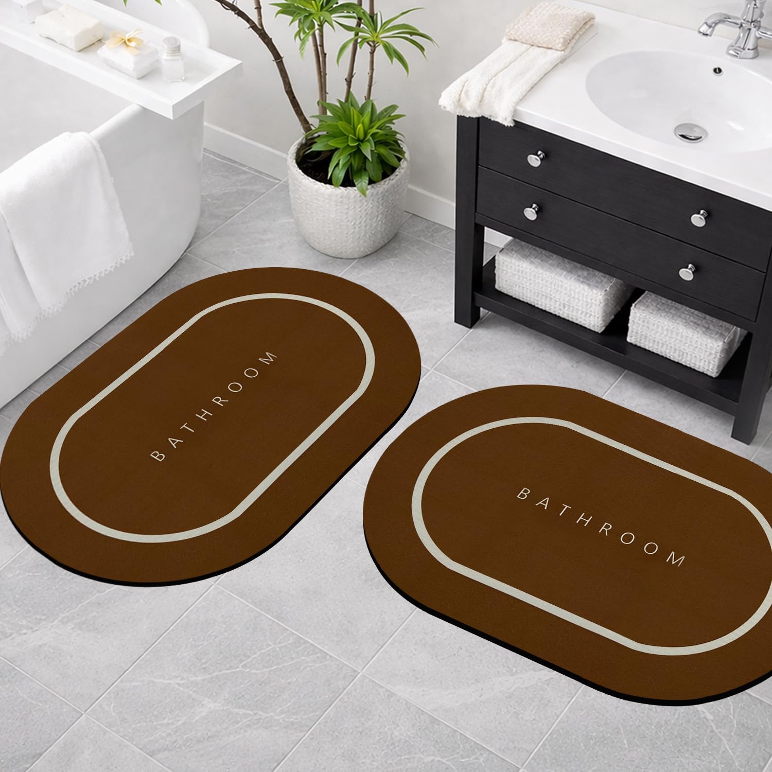 Canway 2 Pieces (3.5Mm) Anti-Skid Water Soaking Bathroom Print Door Mat, Water Absorbent Mat (40X60Cm) Brown