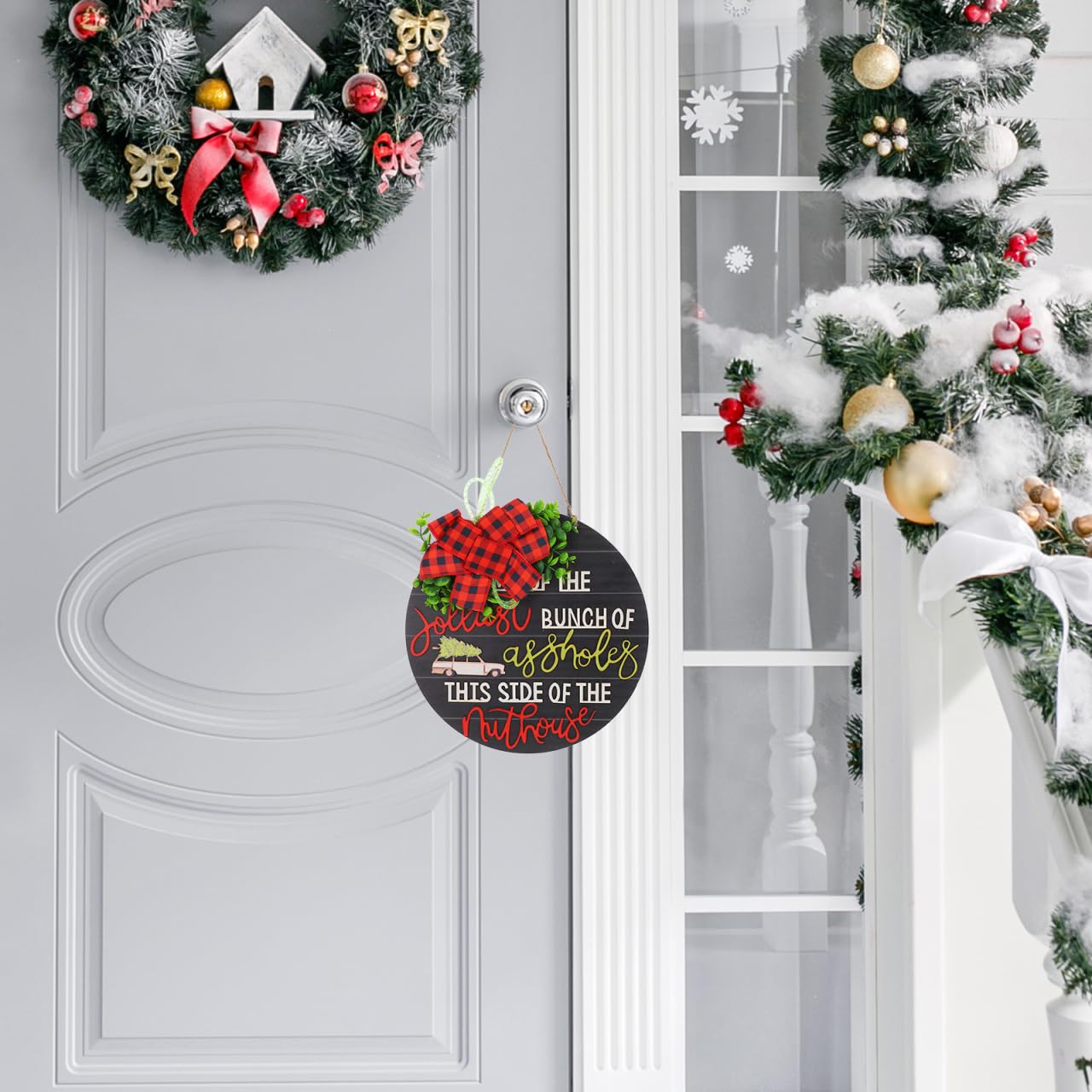 Wooden Plaque Merry Christmas Sign for Front Door Rustic Holiday Decor for Indoor and Outdoor Use 11.81 Inch Black Wooden Door S