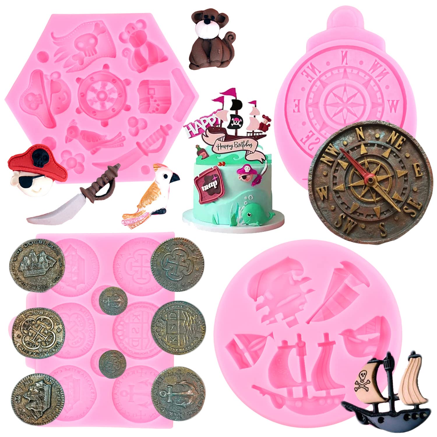 Miyahouse Pirate Theme Silicone Mold Sailing Boat Fondant Molds Compass Chocolate Mold Treasure Coins Candy Mold For Cupcake Cak