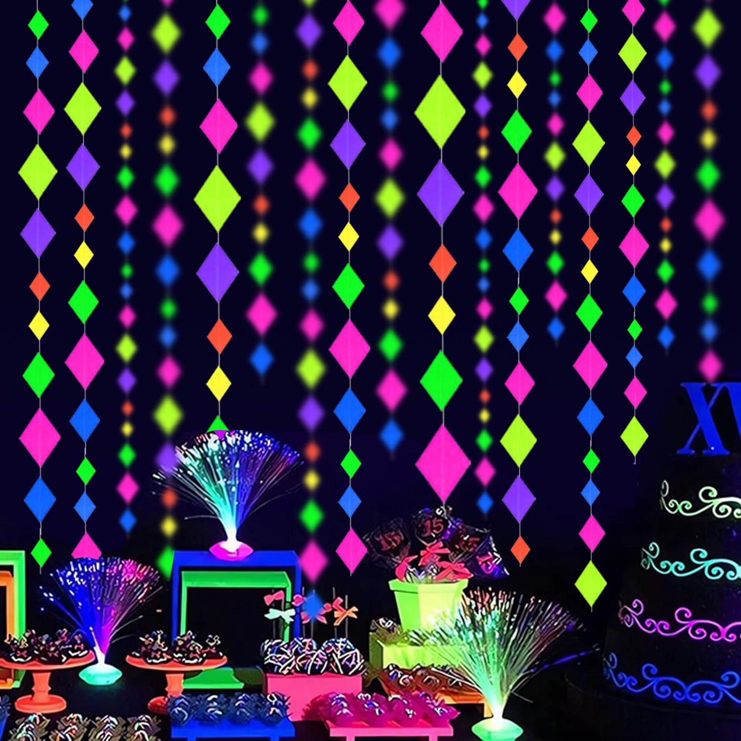 123Feet Uv Paper Neon Garland Neon Streamers Diamond Shape Black Light Neon Decorations Glow Party Uv Reactive Neon Party Favors