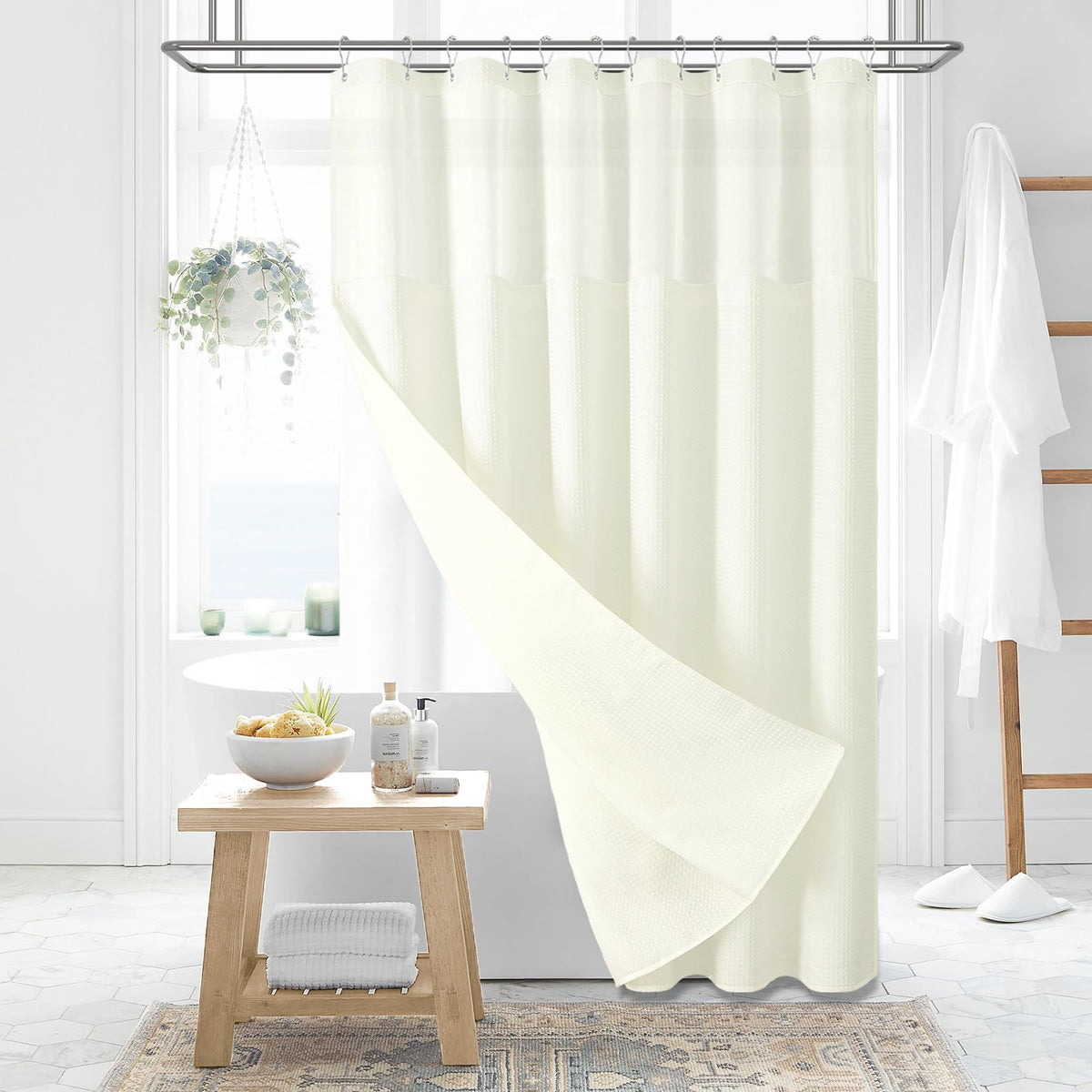Dynamene Fabric Shower Curtain With Snap In Liner, Cream Waffle Hotel Shower Curtains For Bathroom, Washable Waterproof Cloth Sh