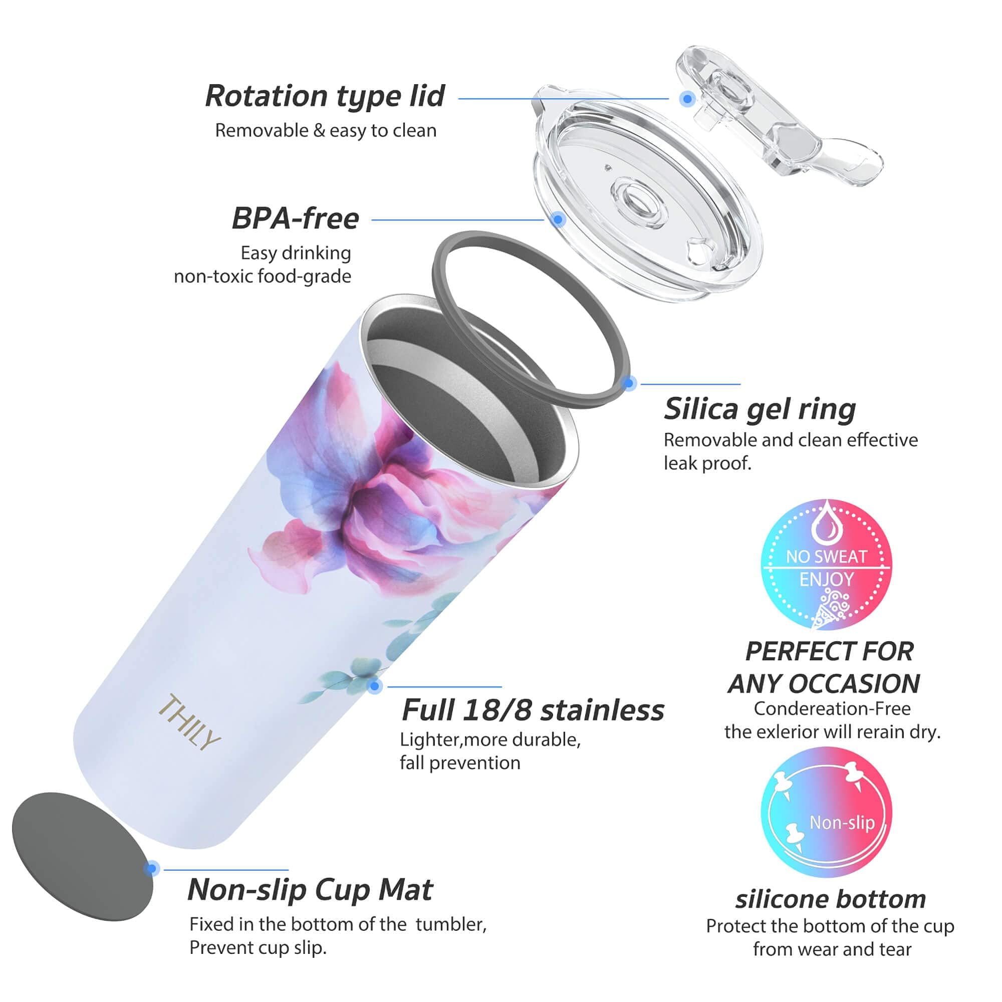 Thily Stainless Steel Vacuum Insulated Tumbler Travel Mug 26 Oz Coffee Cup With 2 Lids And Straws, Splash Proof, Keep Ice Drinks