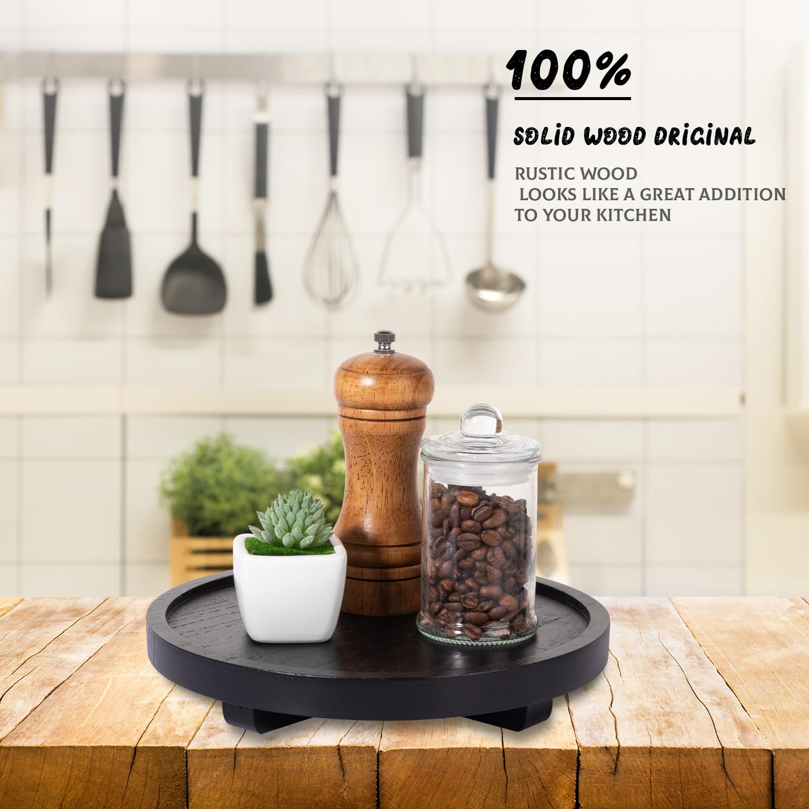 Round Decorative Tray Wood Bathroom Counter Organizer Farmhouse Kitchen Decor Wooden Riser For Soap Dish, Perfume, Candle, Spong