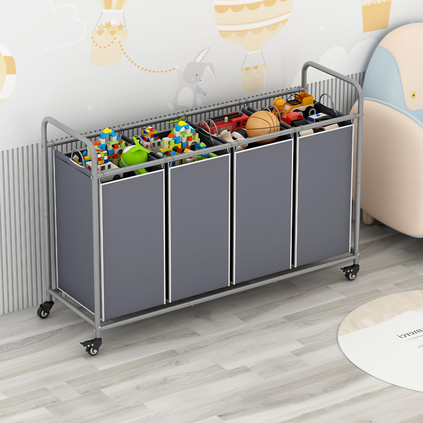Linzinar 4 Bag Laundry Basket Sorter Laundry Hamper Cart With Heavy Duty Rolling Lockable Wheels And Removable Bags, Grey