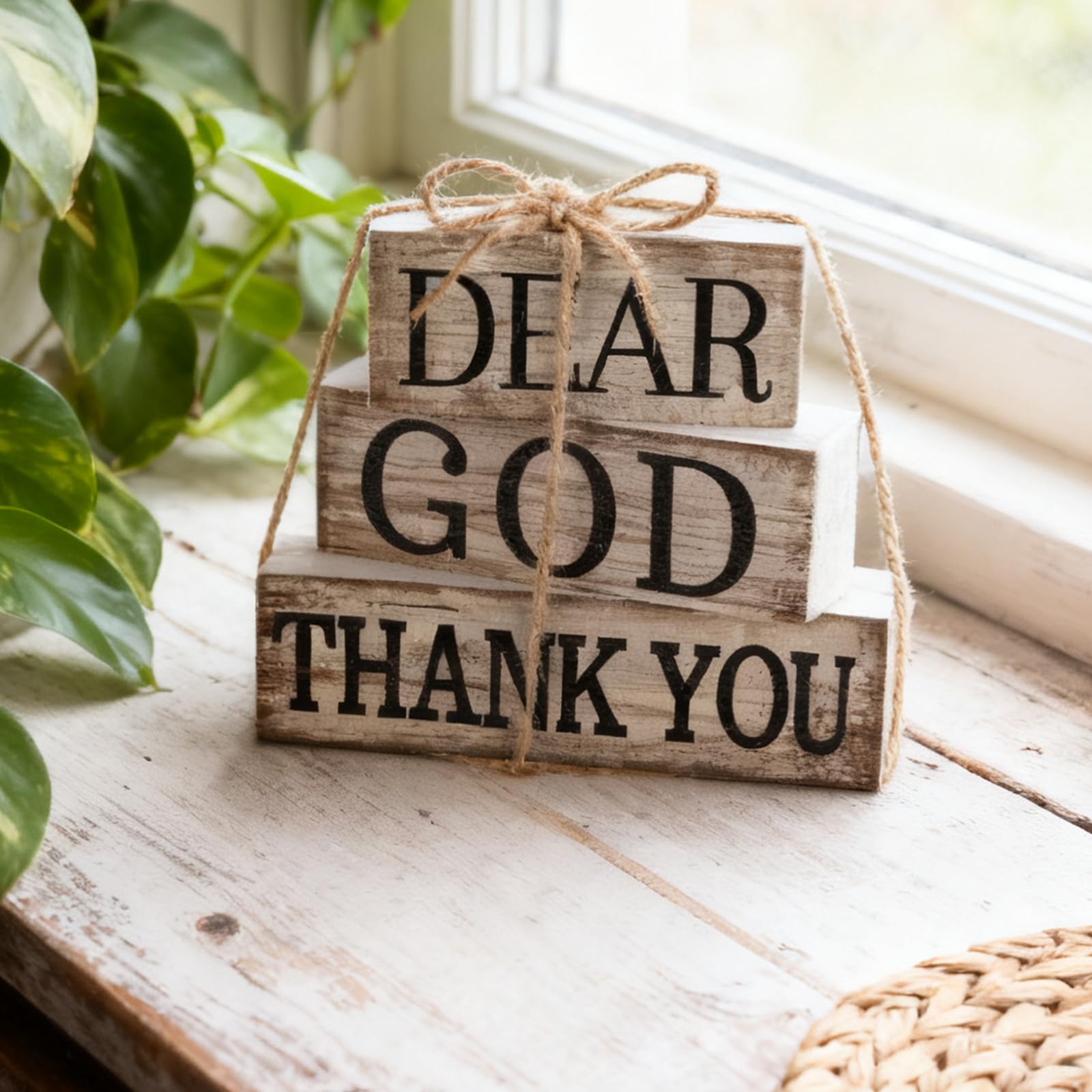 CroBlissful 4 Pcs Farmhouse Wooden Tabletop Decor Inspirational Christian Table Sign Bible Verse Wooden Decor Dear God Thank You