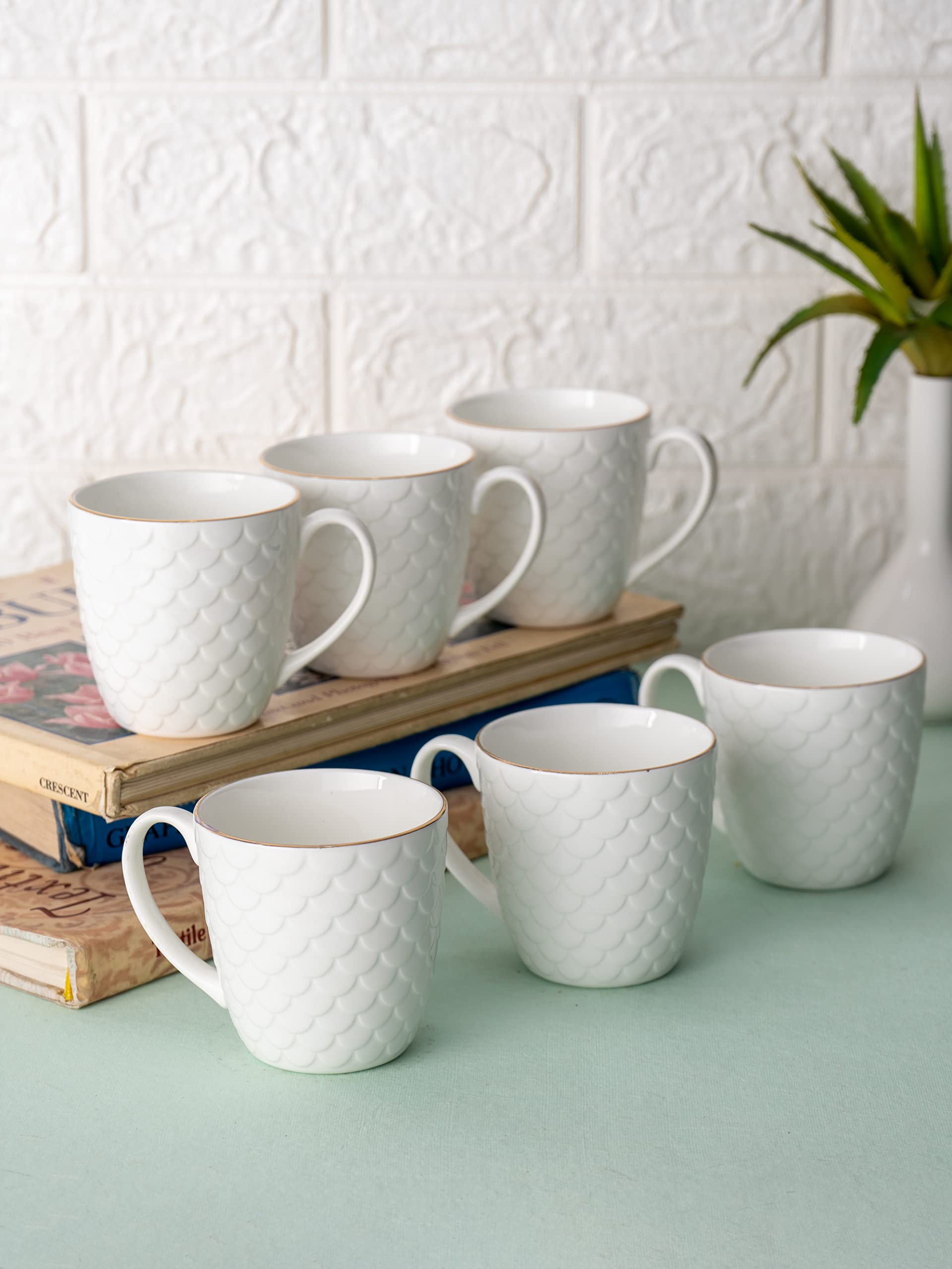 Clay Craft Ripple Impression Fine Ceramic Gold Line Coffee/Tea Mug Set Of 6-180 Ml Each, Tea Cup Set Of 6, Mugs For Coffee, Cups