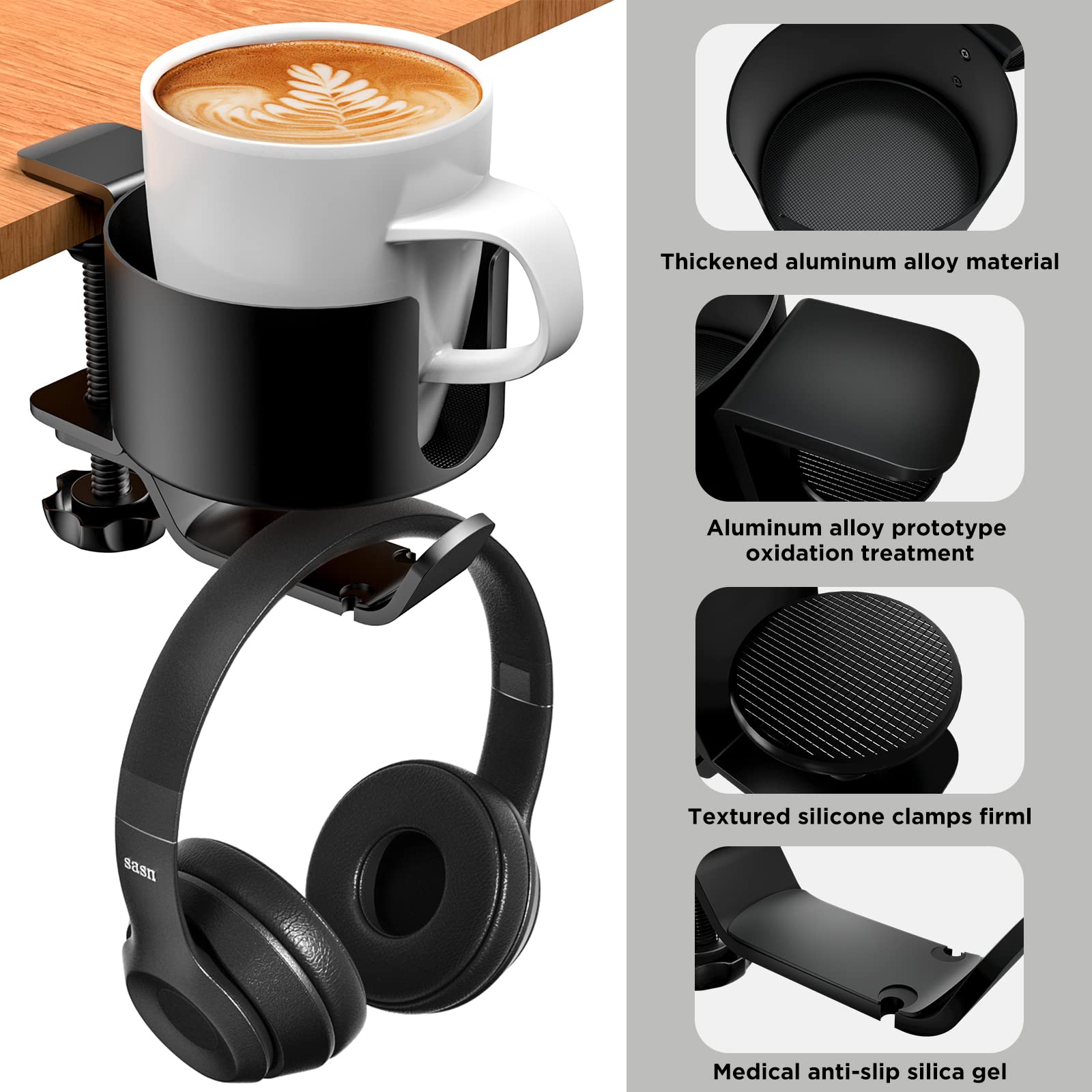 Desk Cup Holder, Ookuu 2 In 1 Desk Cup Holder With Headphone Hanger, Anti-Spill Cup Holder For Desk Or Table, Easy To Install, S