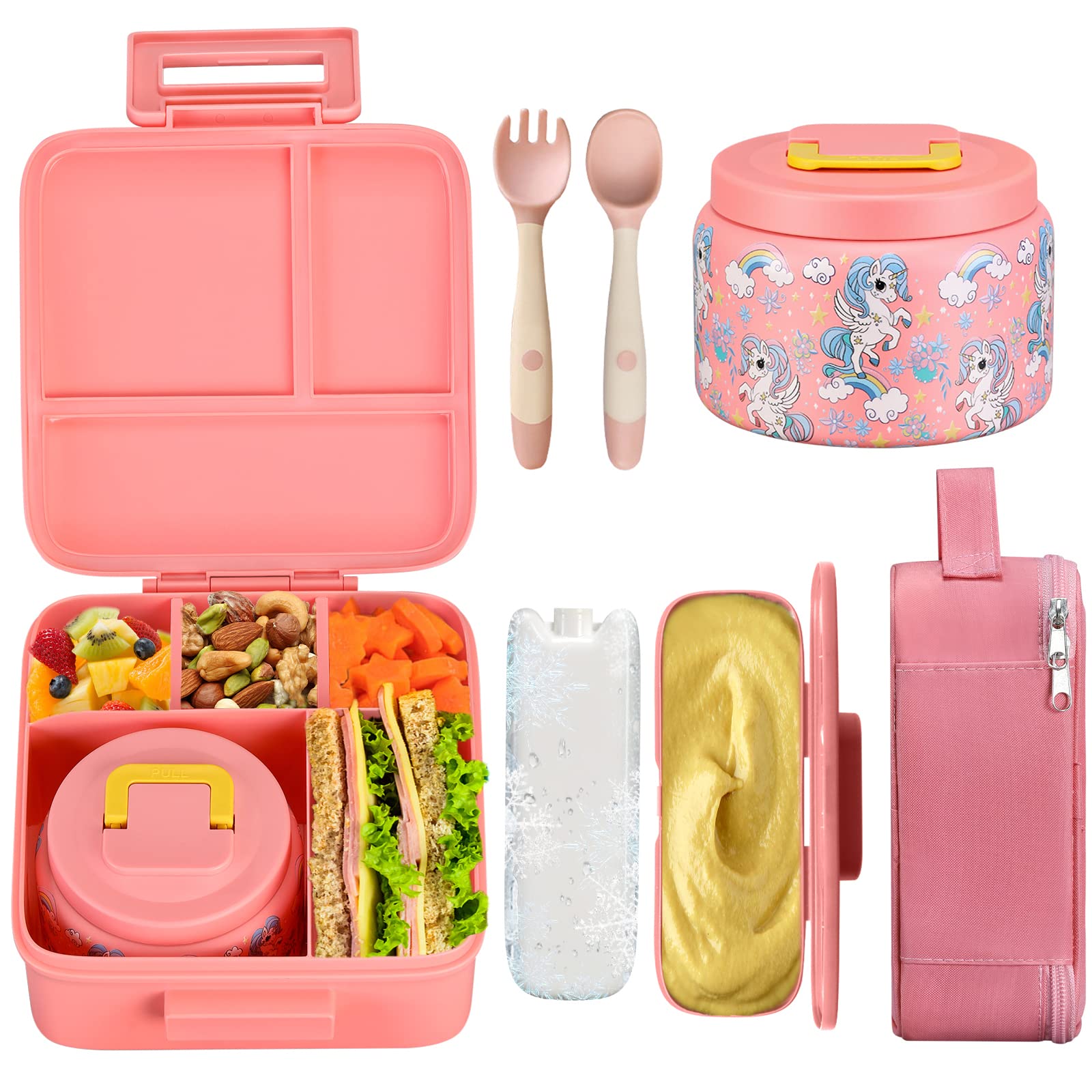 JXXM Bento Lunch Box for Kids With 8oz Soup Thermo,Leak-proof Lunch Containers with 5 Compartment,Thermos Food Jar and Lunch Bag