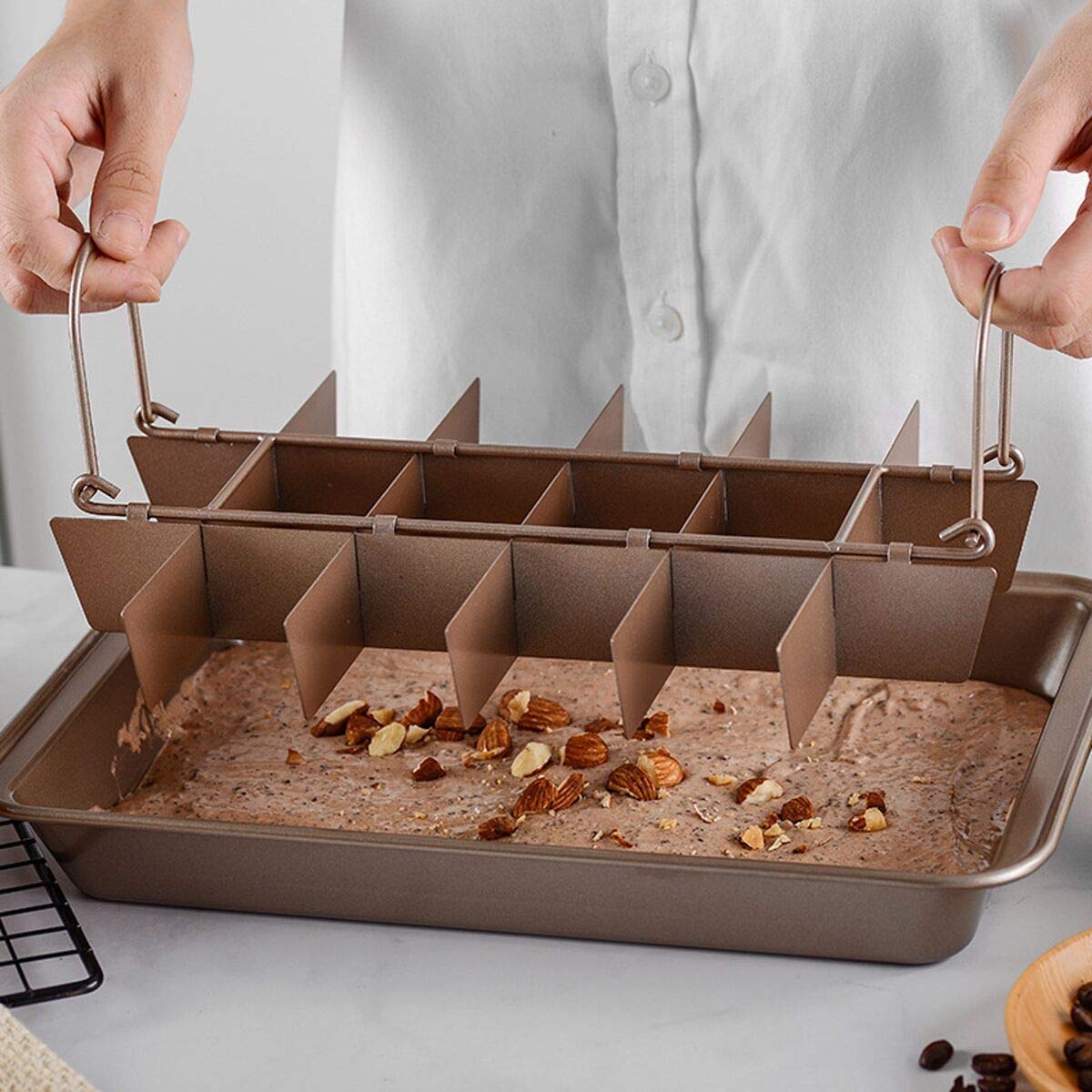 Kofebe Brownie Pan, Non-Stick Carbon Steel, 12x8 in, 18 Pre-Slice Dividers, Bronze