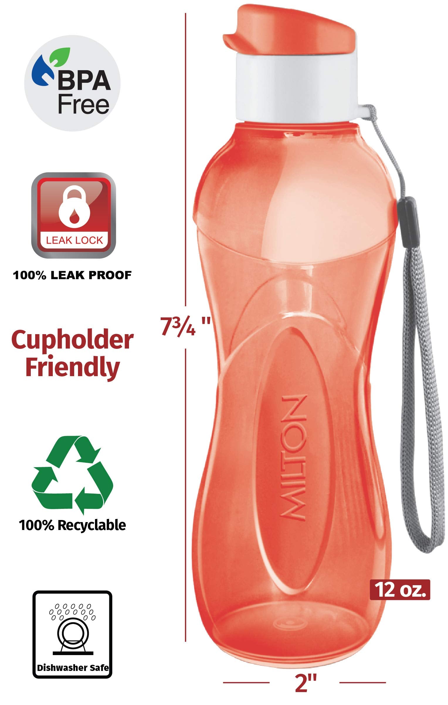 MILTON Water Bottle Kids Reusable Leakproof 12 Oz Plastic Wide Mouth Large Big Drink Bottle BPA & Leak Free with Handle Strap Carrier for Cycling Camping Hiking Gym Yoga - Pastel Colors 3 Pack