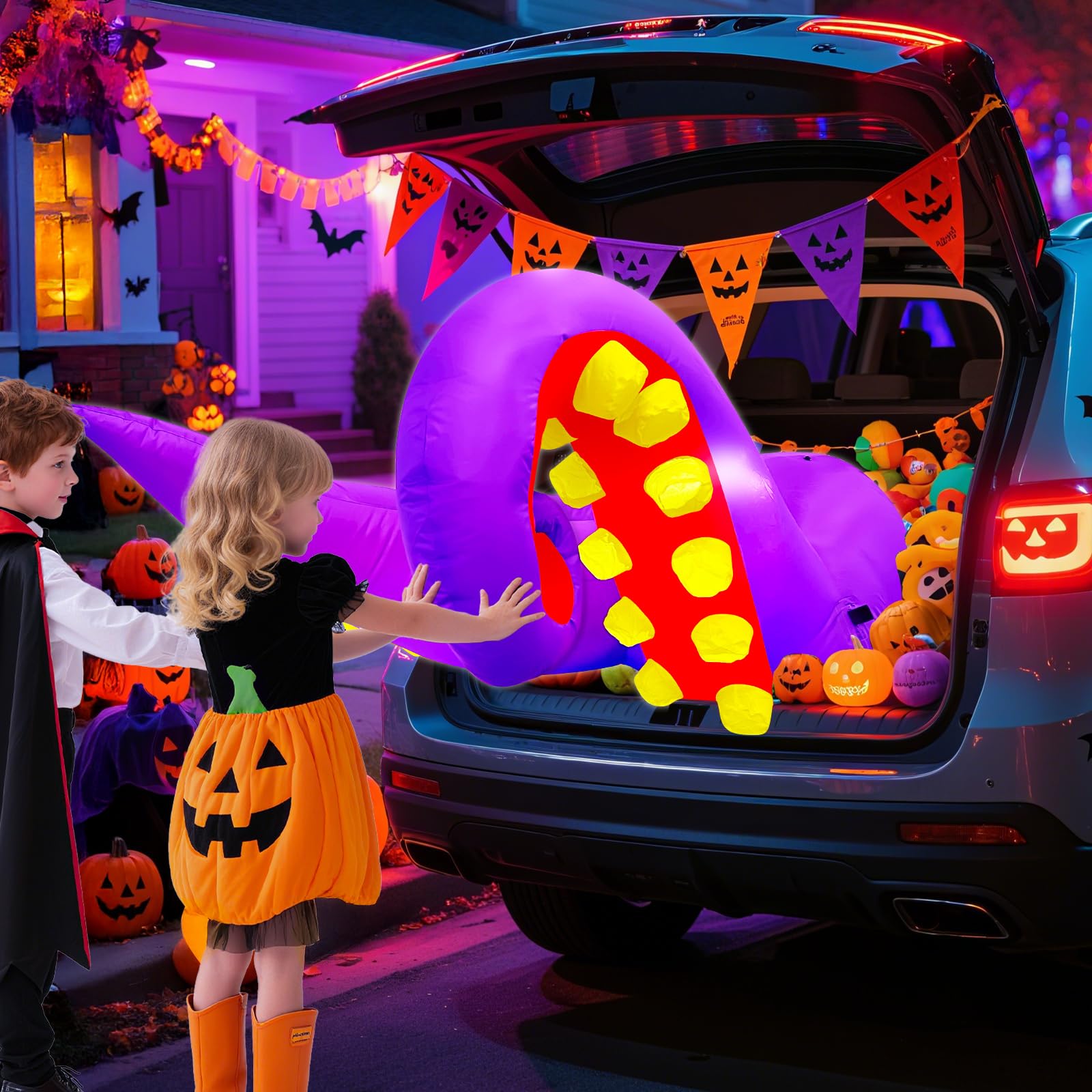 4.5 FT Halloween Inflatable Trunk or Treat Car Decorations Octopus Tentacles Broke Out from Car Window with 3 Built-in LEDs Ligh