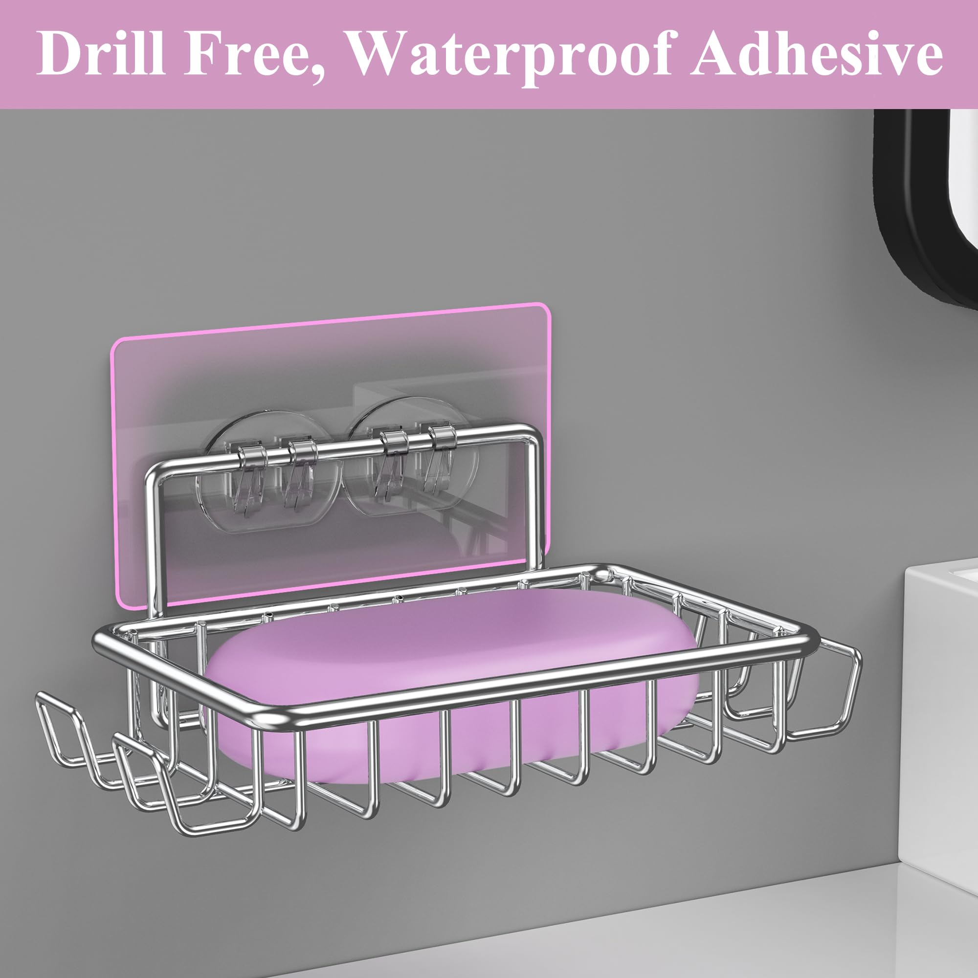 Ailibuligo Adhesive Soap Bar Holder Dish For Shower Wall With Hooks, Silver, 3 Pack