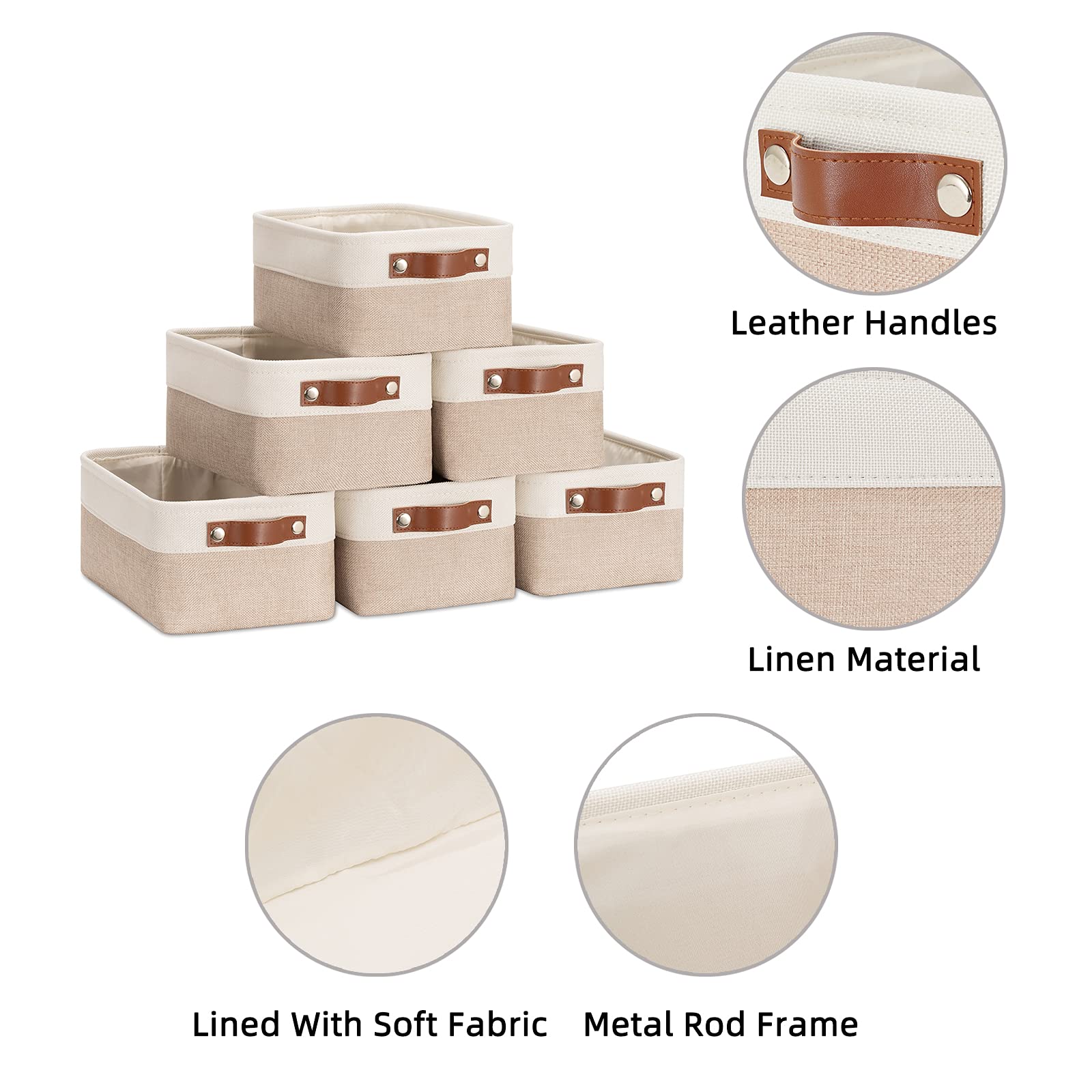 HNZIGE Small Fabric Baskets for Organizing(6 pack) Collapsible Storage Baskets for Shelves  Closets  Laundry  Nursery  Decorative Baskets for Gifts Empty (White&Khaki  11.8 '' x 7.8 '' x 5.1 '')