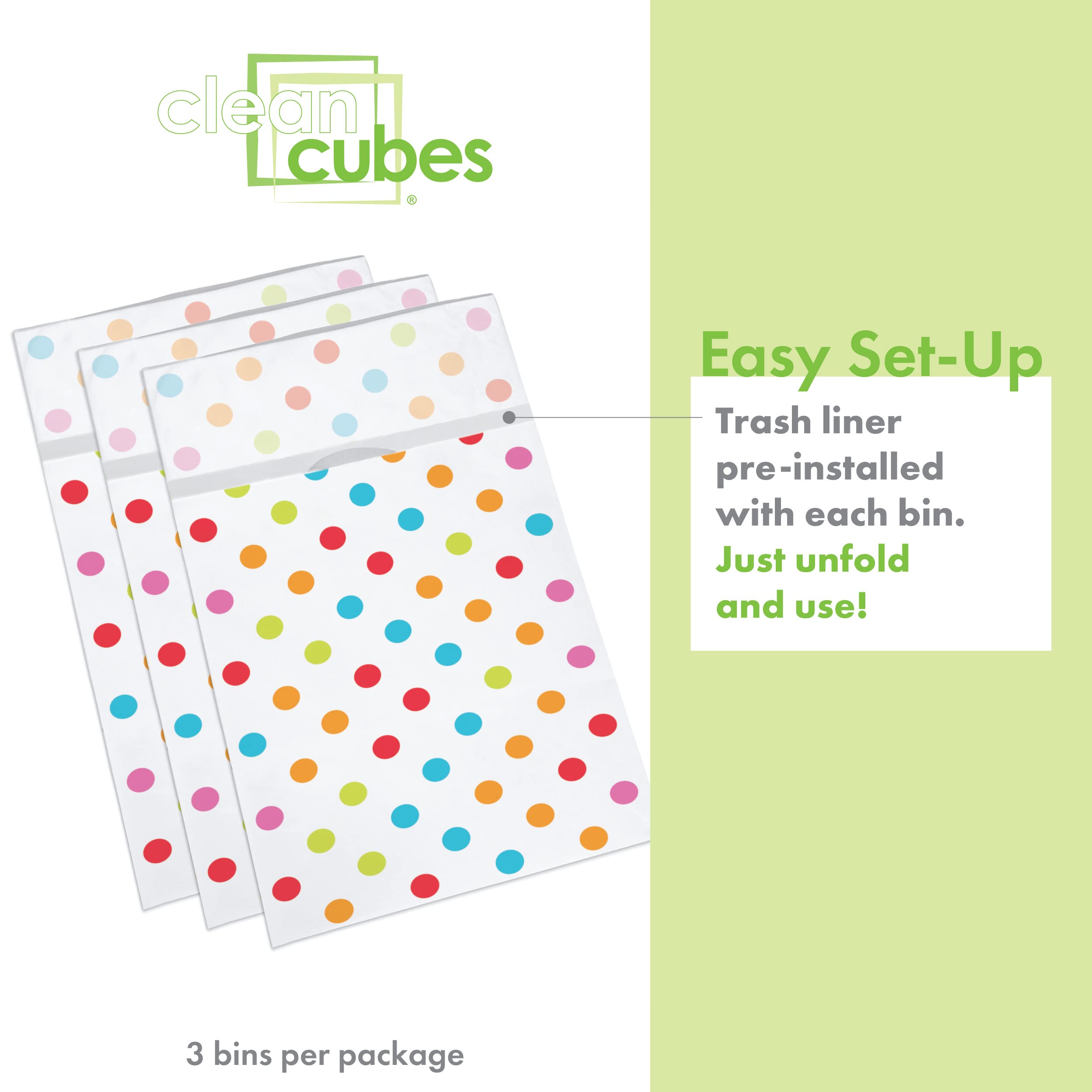 Clean Cubes 30 Gallon Disposable Trash Cans (3-Pack). Reusable Garbage and Recycling Bins for Parties  Events  and More (Polka Dot - 30 '' Tall x 14 '' Wide 17 '' Deep)