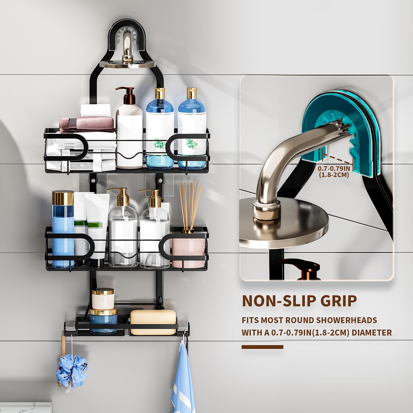 Gaokase Shower Caddy Over Shower Head Hanging, Shower Caddy With Removable Baskets, Bathroom Shower Organizer 3 Tier, Rustproof