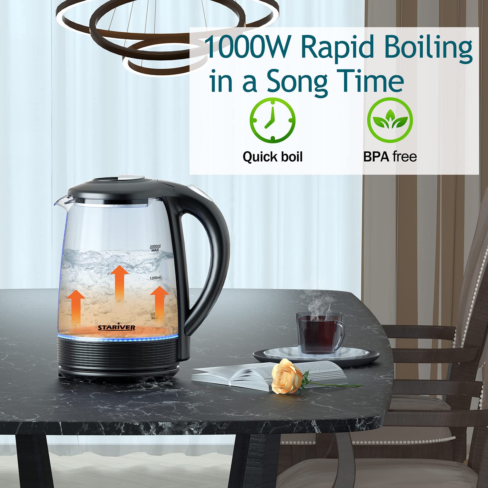 Stariver Electric Kettle  2L Electric Tea Kettle  BPA-Free Glass Kettle with LED  Hot Water Kettle with Fast Boil  Auto Shut-Off & Boil-Dry Protection  Stainless Steel Inner Lid & Bottom  Black