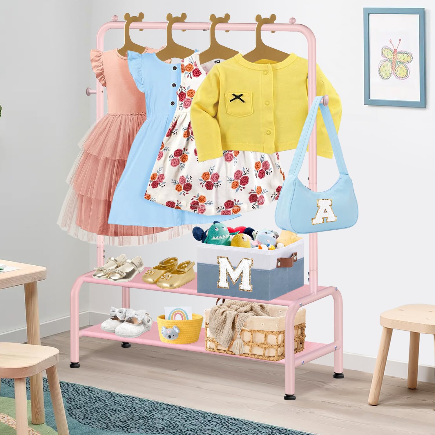 mirolam Kids Clothing Rack - Pink Dress Up Storage with 2 Fabric Shelves - Model SKR-02 - Ideal for Little Girls' Rooms