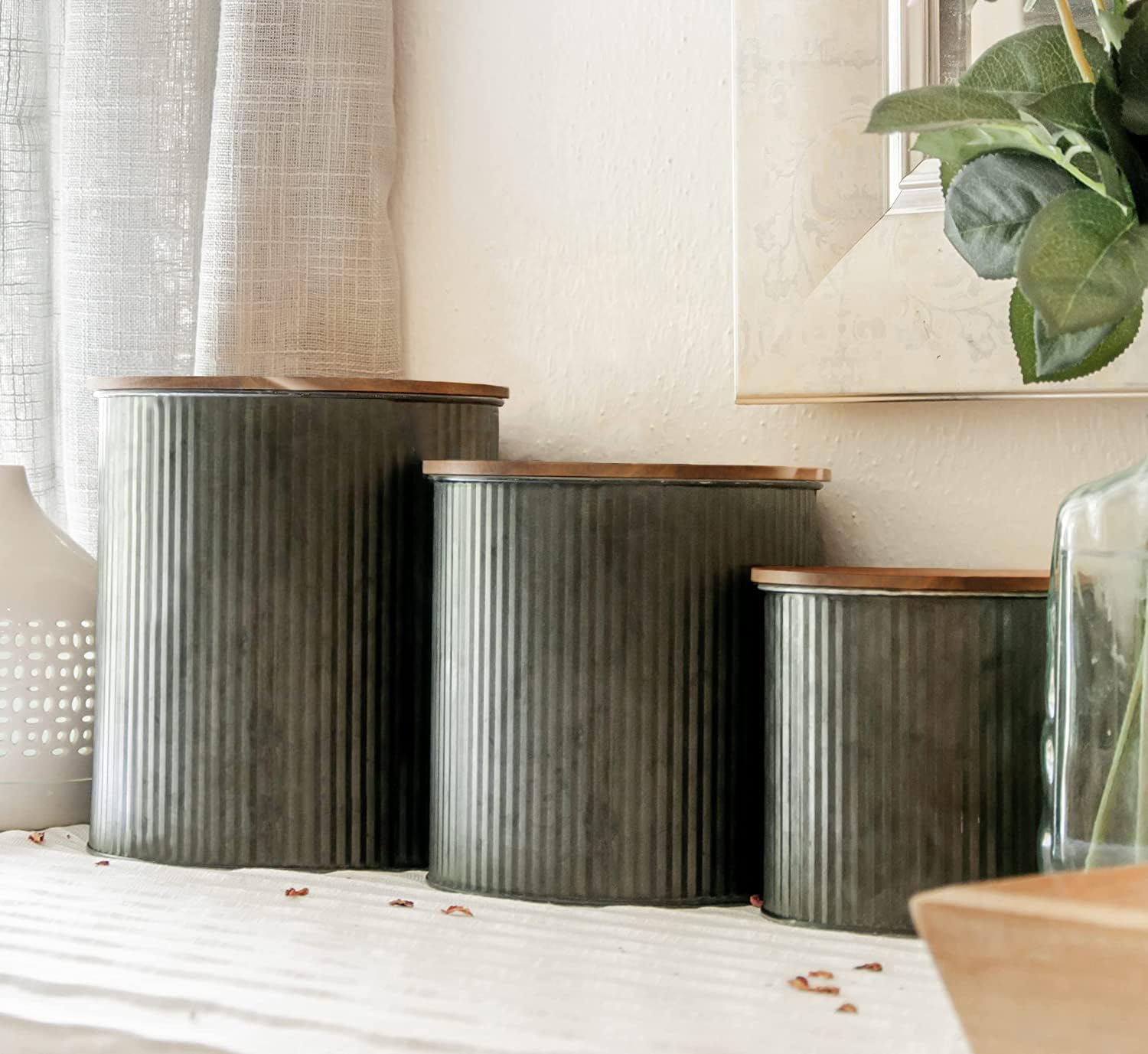 Farmhouse Kitchen Canisters for Countertop  Approx. 5, 4 & 2 Quart/Tin Canisters Sets for the Kitchen/Rustic Home Decor/Modern 