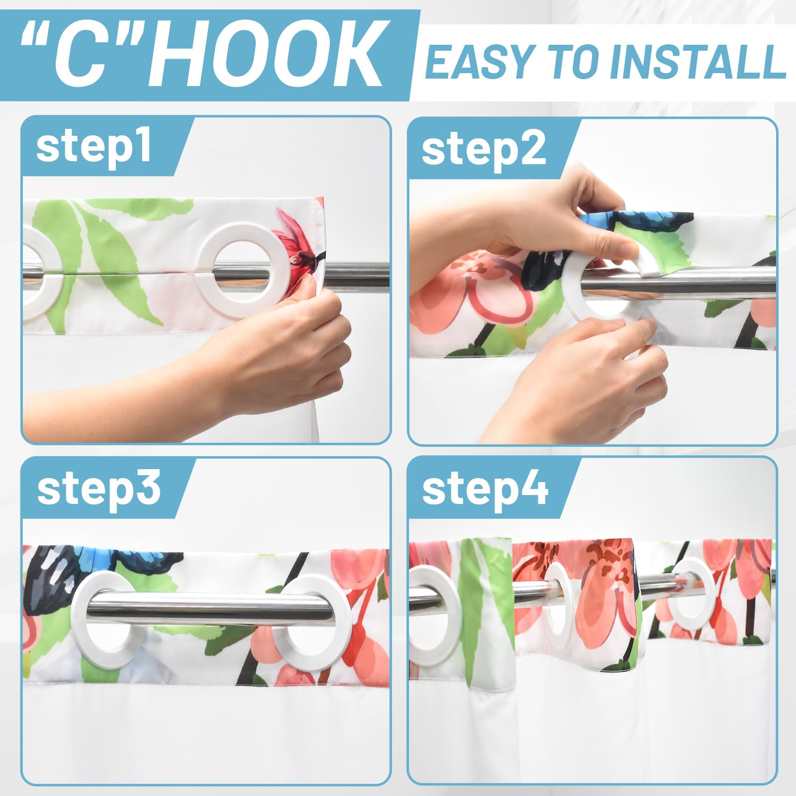 Withloc No Hook Shower Curtain With Snap In Liner - Fabric Waterproof Inner Liner, Plants Pink Floral Blue Nature Birds Cloth Sh