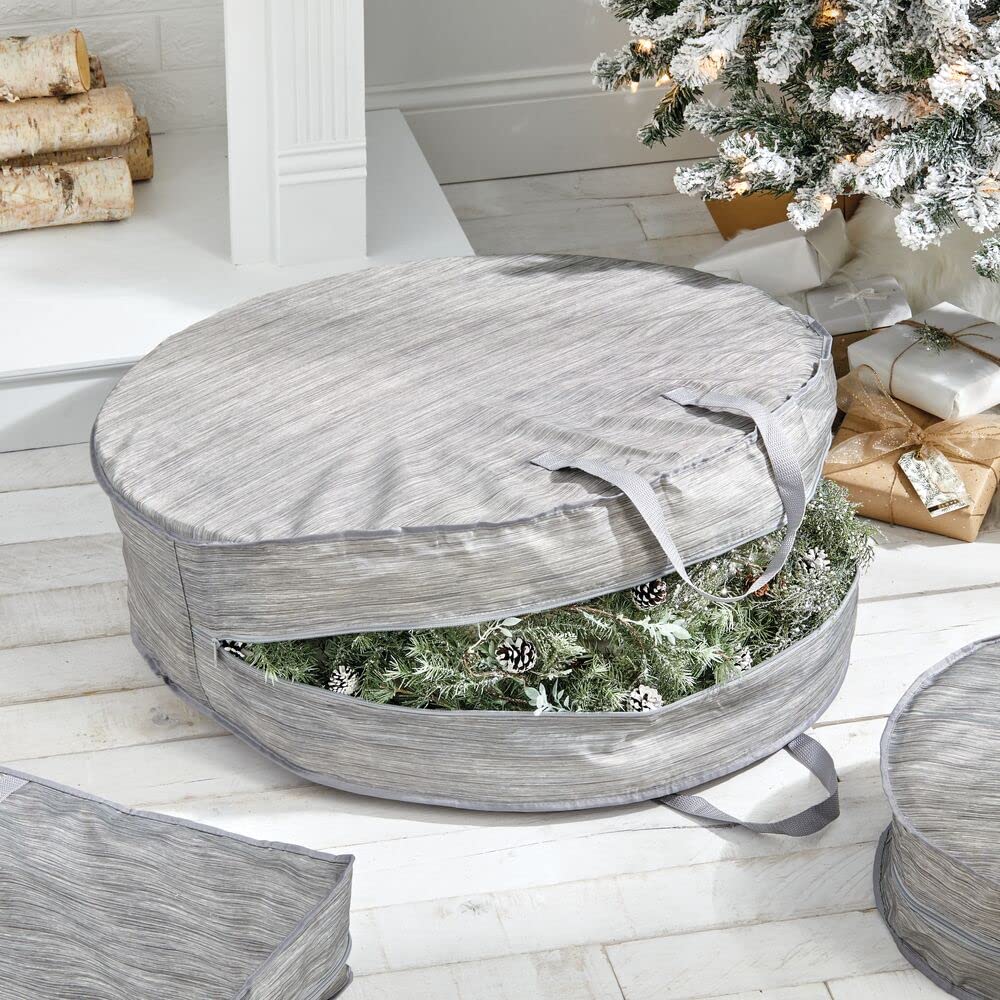 Mdesign Round 30'' Wreath Storage Container With Handles - Fabric Christmas Wreath Storage Bag And Protector - Garland Storage B