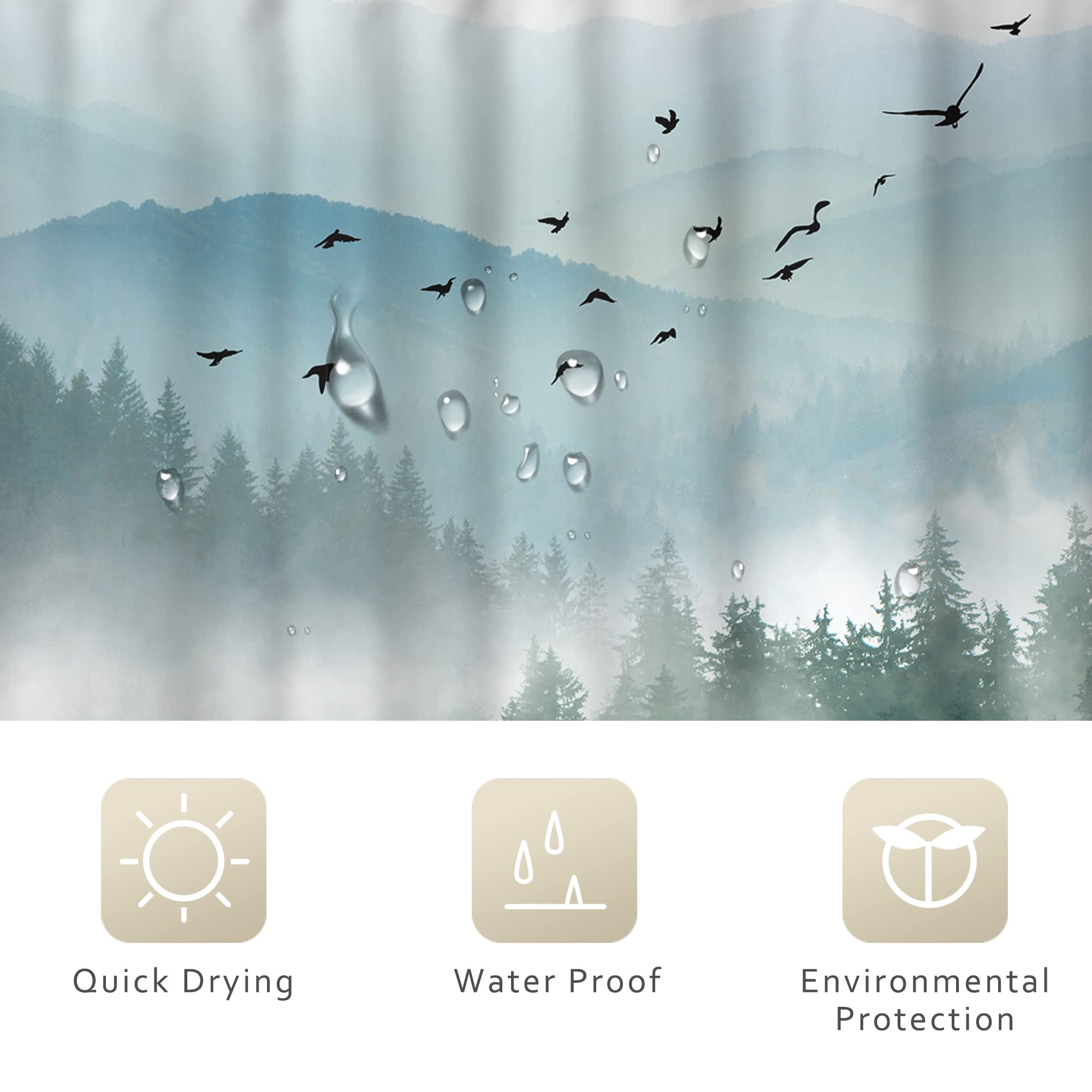 Riyidecor Green Shower Curtain 60Wx72H Inch Nature Mountain Scenery Pine Tree Greenery Foggy Landscape Natural Woodland Mens Bat