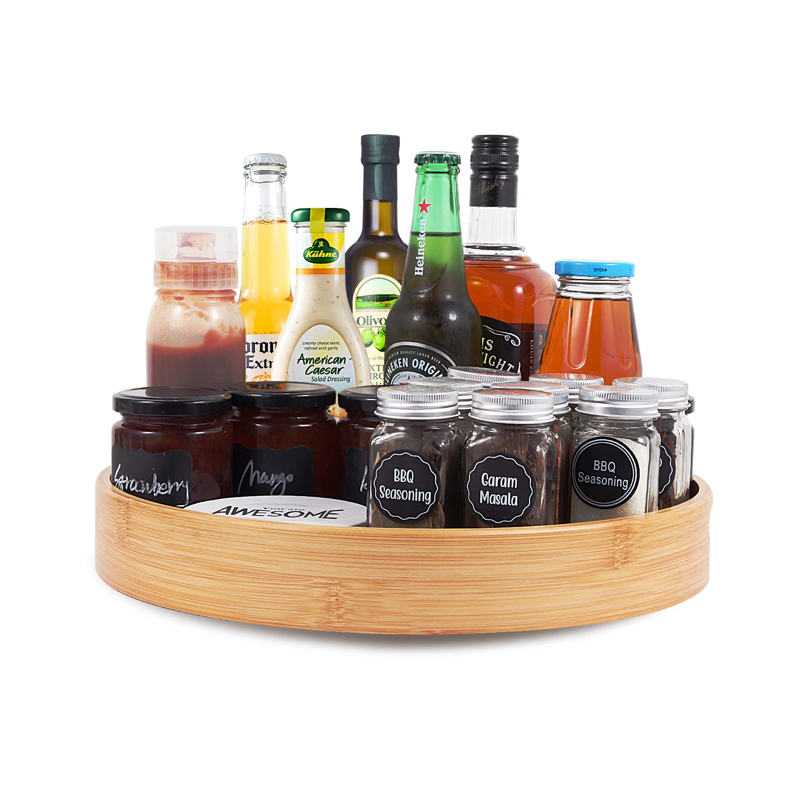 Lazy Susan Organizer 14 inch, Bamboo Lazy Susan for Table, Kitchen Turntable Organizer with Double Handles, Round Wood Rotating 