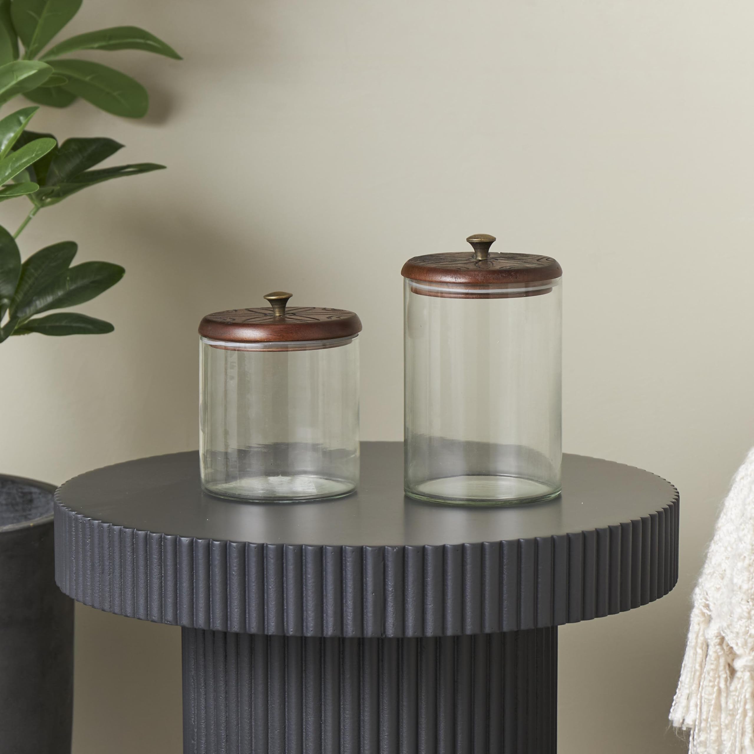 Deco 79 Glass Floral Living Room Decorative Jars Carved Decorative Container with Brown Wooden Lids and Gold Knobs, Set of 2 Jar
