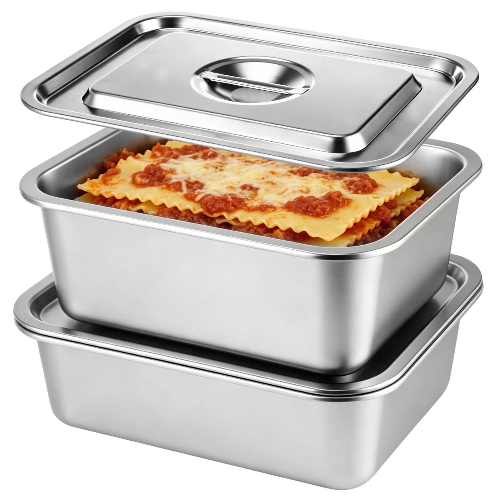 2 Pack Lasagna Pan with Lid, 7.4QT Extra Deep Nonstick Stainless Steel Dish