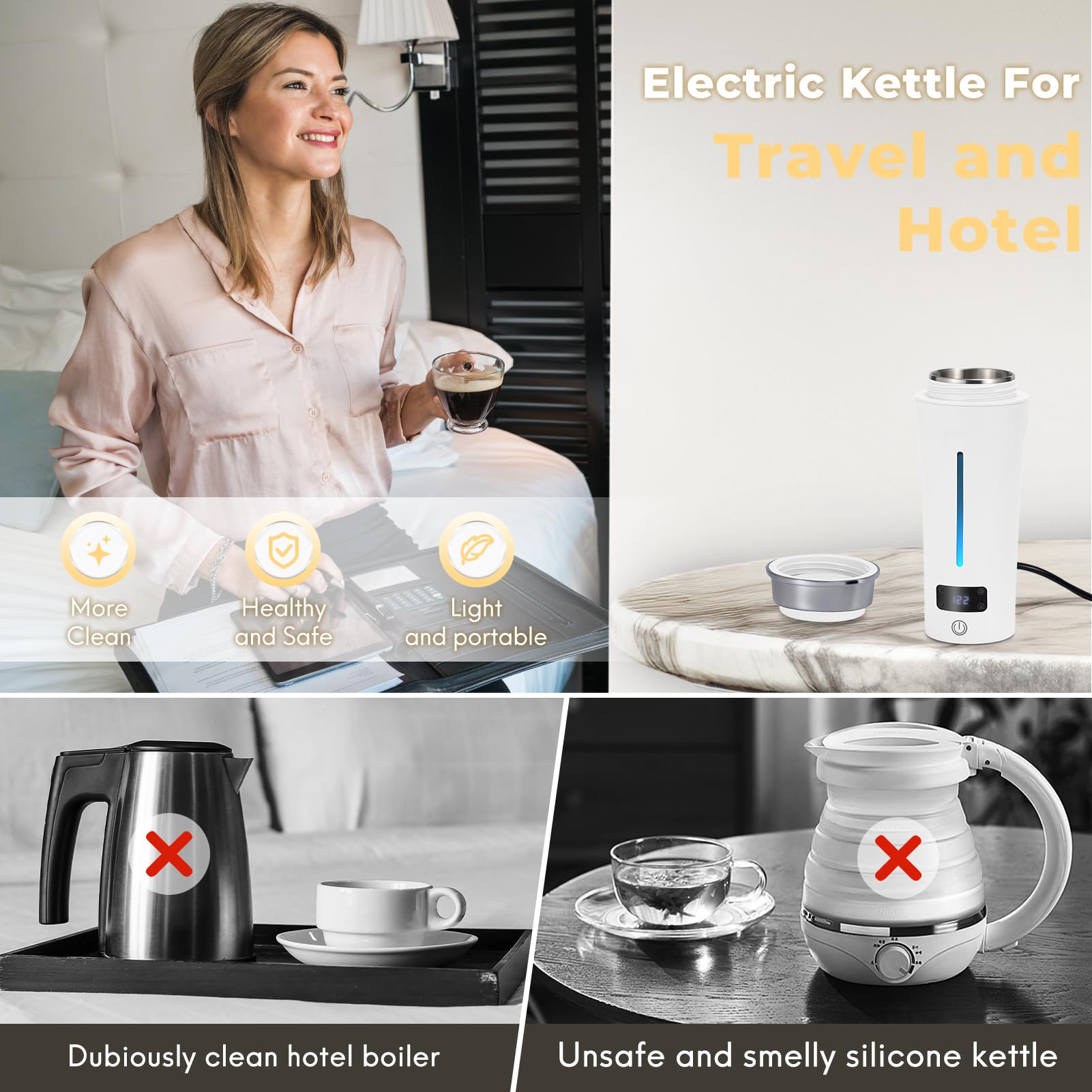 Dual Voltage Travel Kettle, 110-240V Portable Electric Kettle With Lcd Display, 4 Temperature Settings, 4 Colors Led For Global
