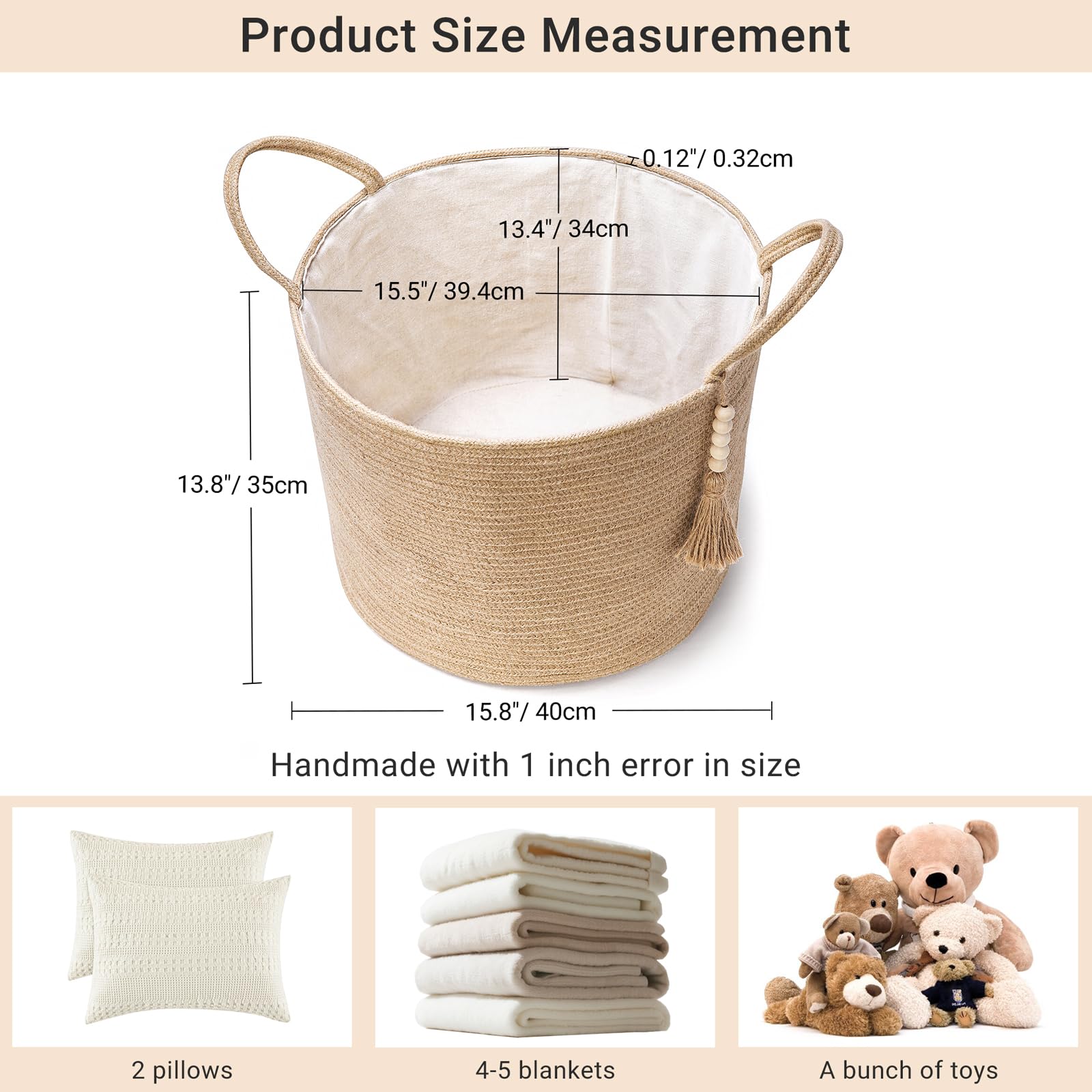 Mkono Woven Storage Basket Decorative Rope Basket Wooden Bead Decoration for Blankets Toys Clothes Shoes Plant Organizer Bin with Handles Living Room Home Decor  Jute  16'' W  13.8''L